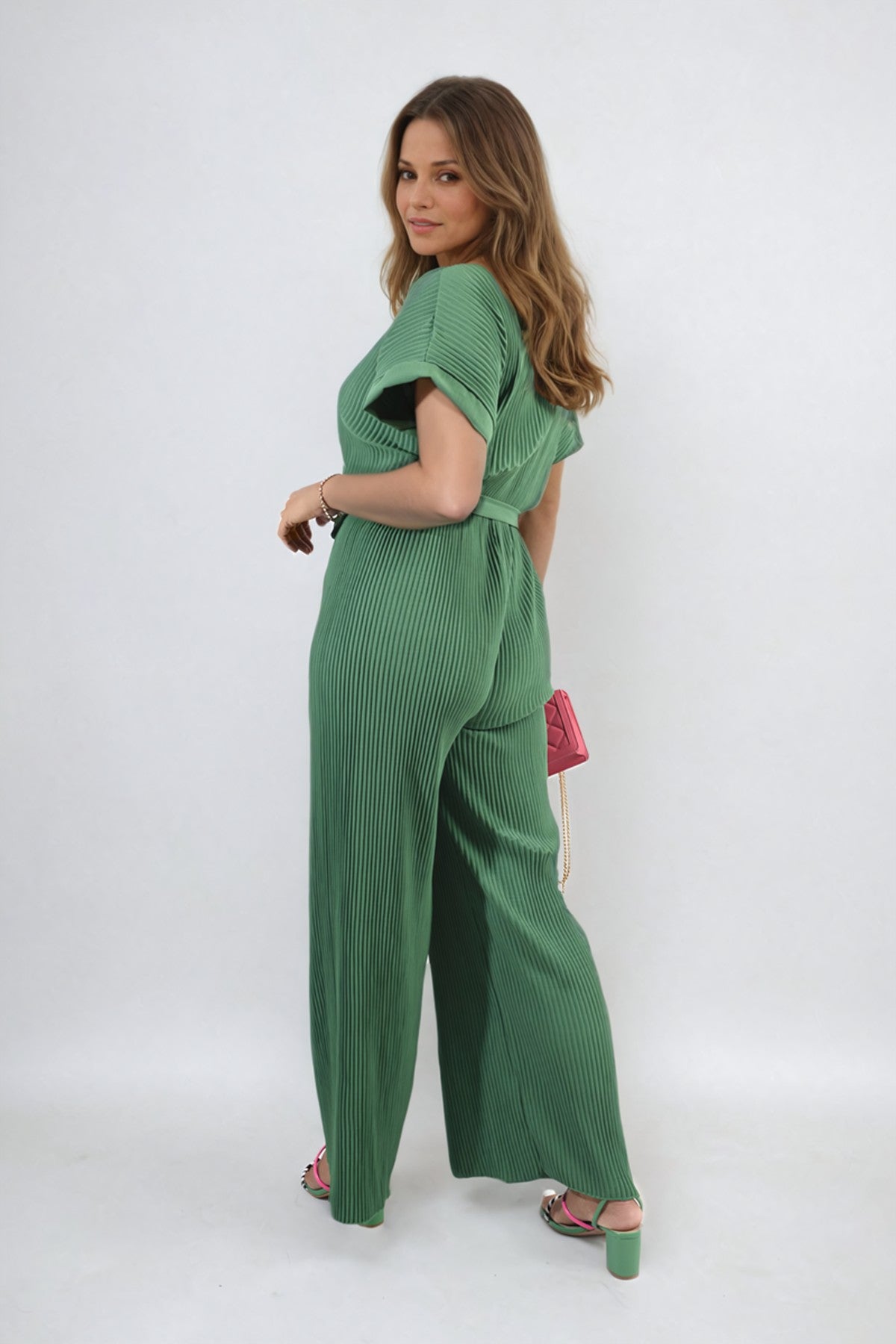 Marina Tie Waist Short Sleeve Pleated Jumpsuit - Green