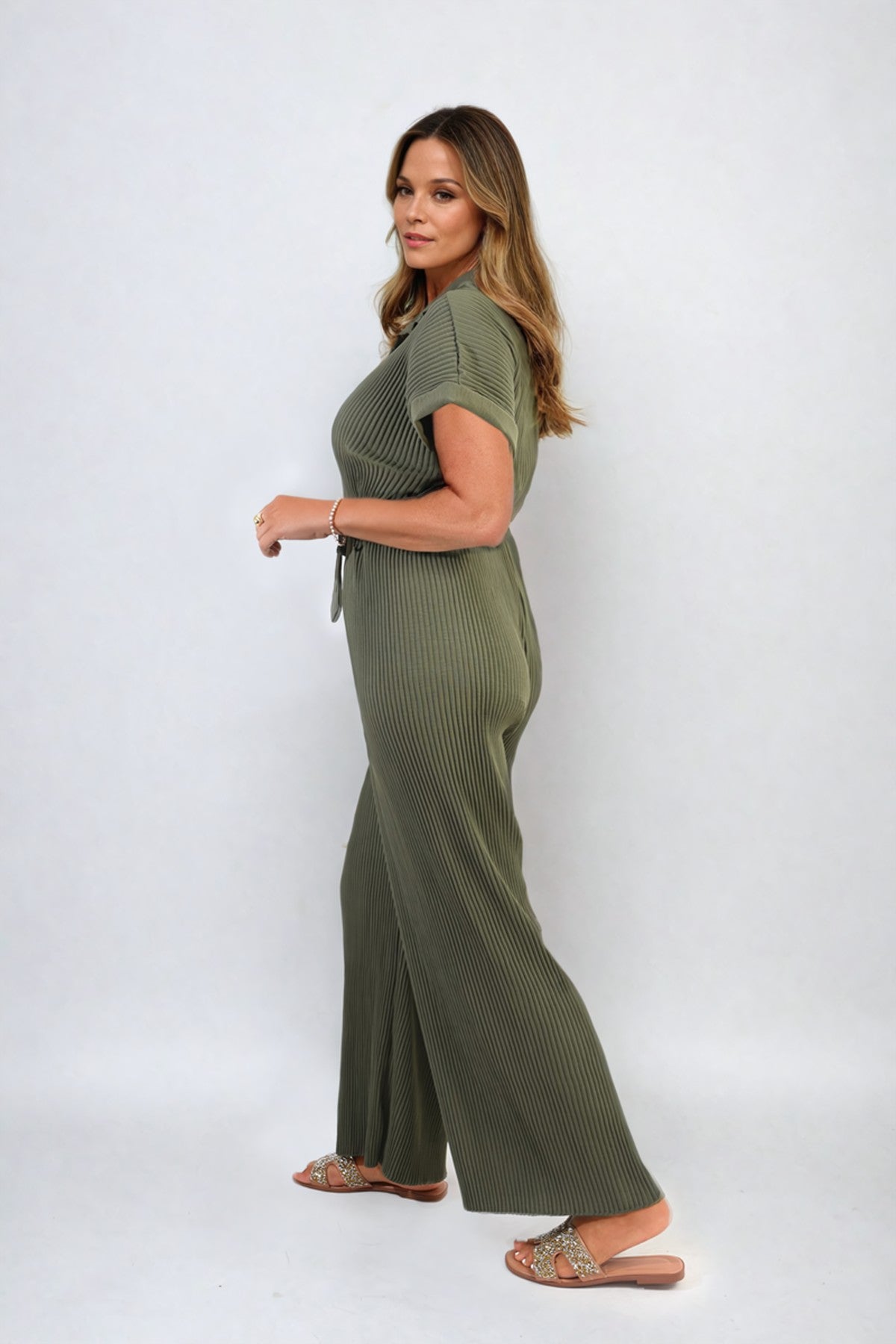 Marina Tie Waist Short Sleeve Pleated Jumpsuit - Khaki