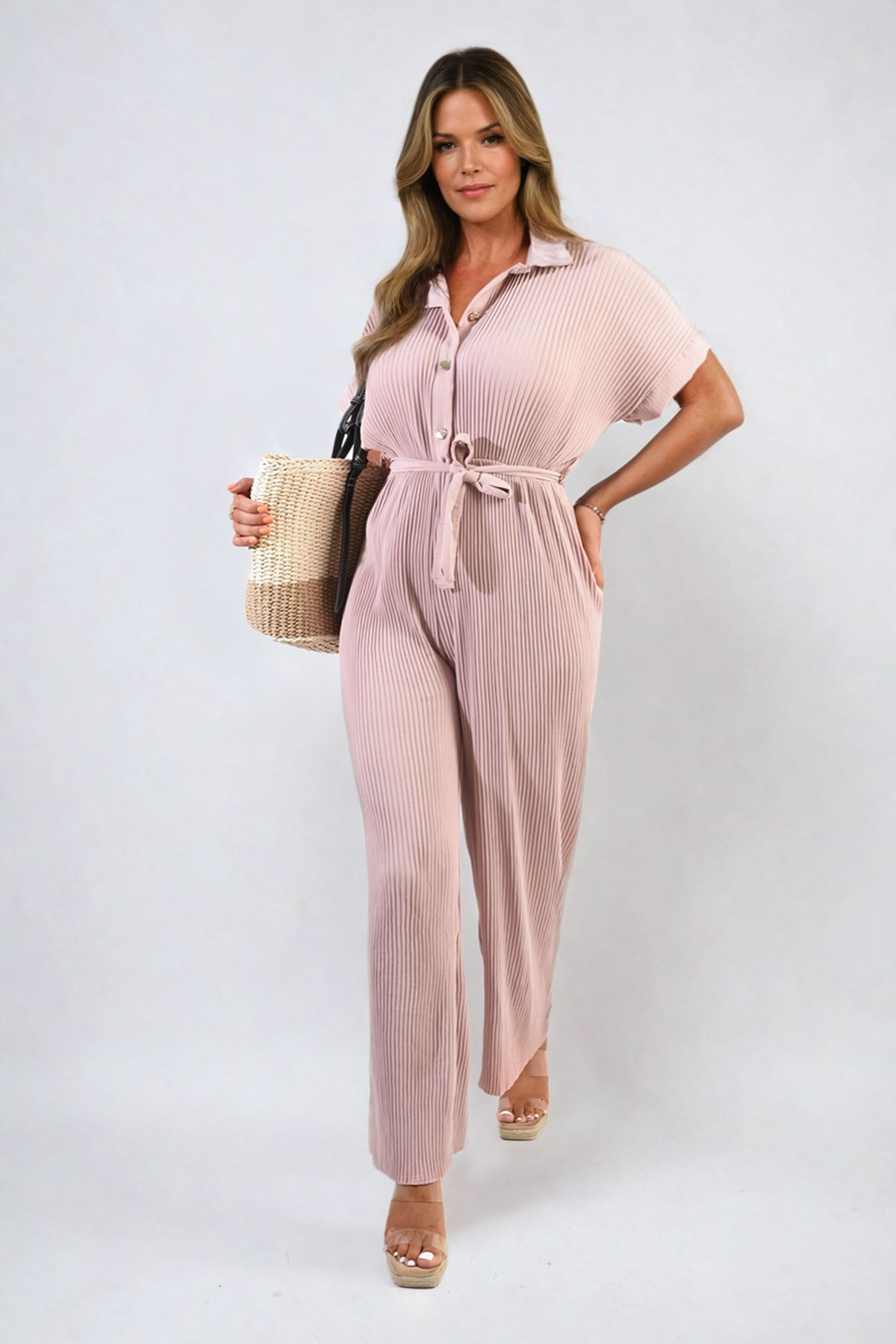 Marina Tie Waist Short Sleeve Pleated Jumpsuit - Rose Pink