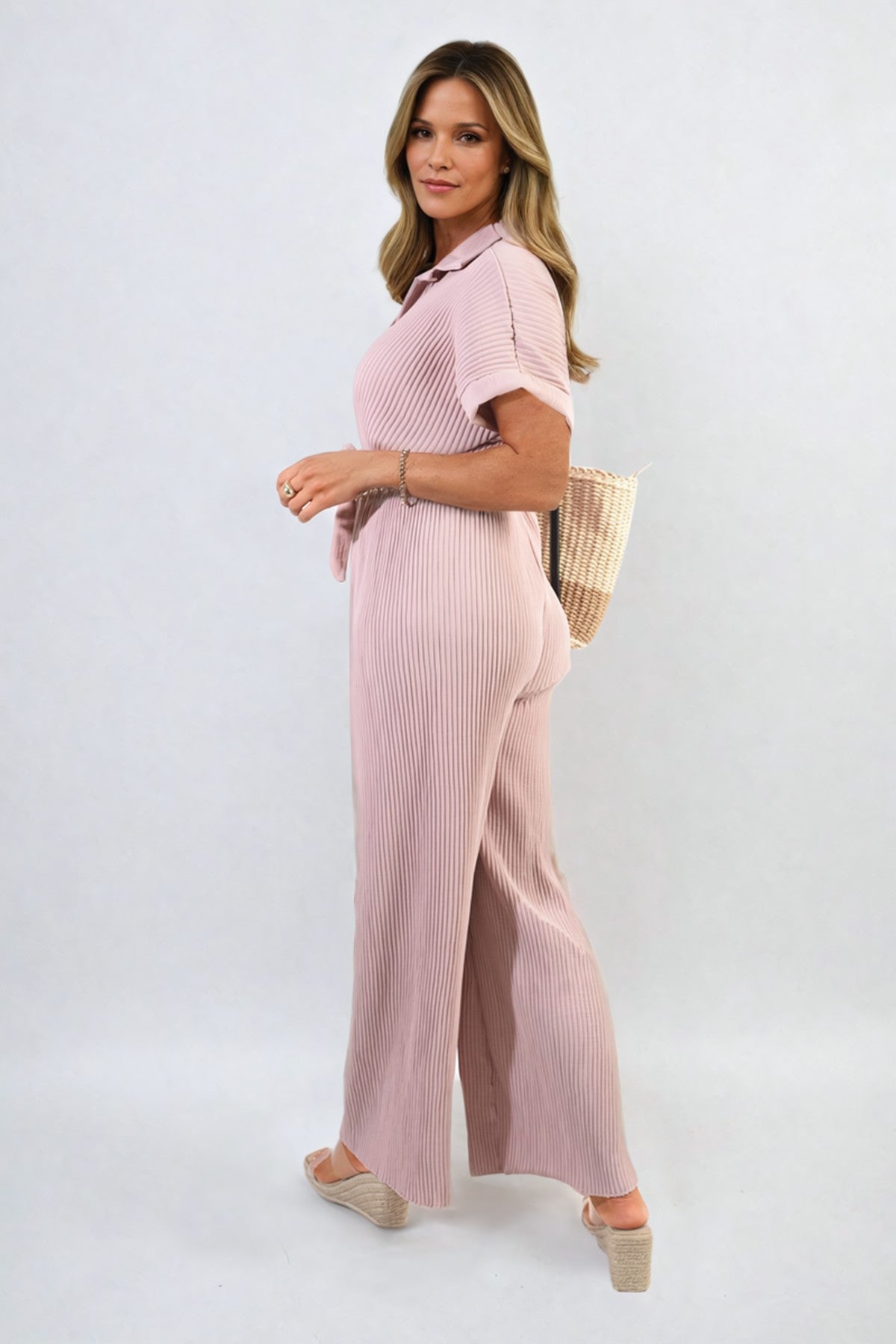 Marina Tie Waist Short Sleeve Pleated Jumpsuit - Rose Pink