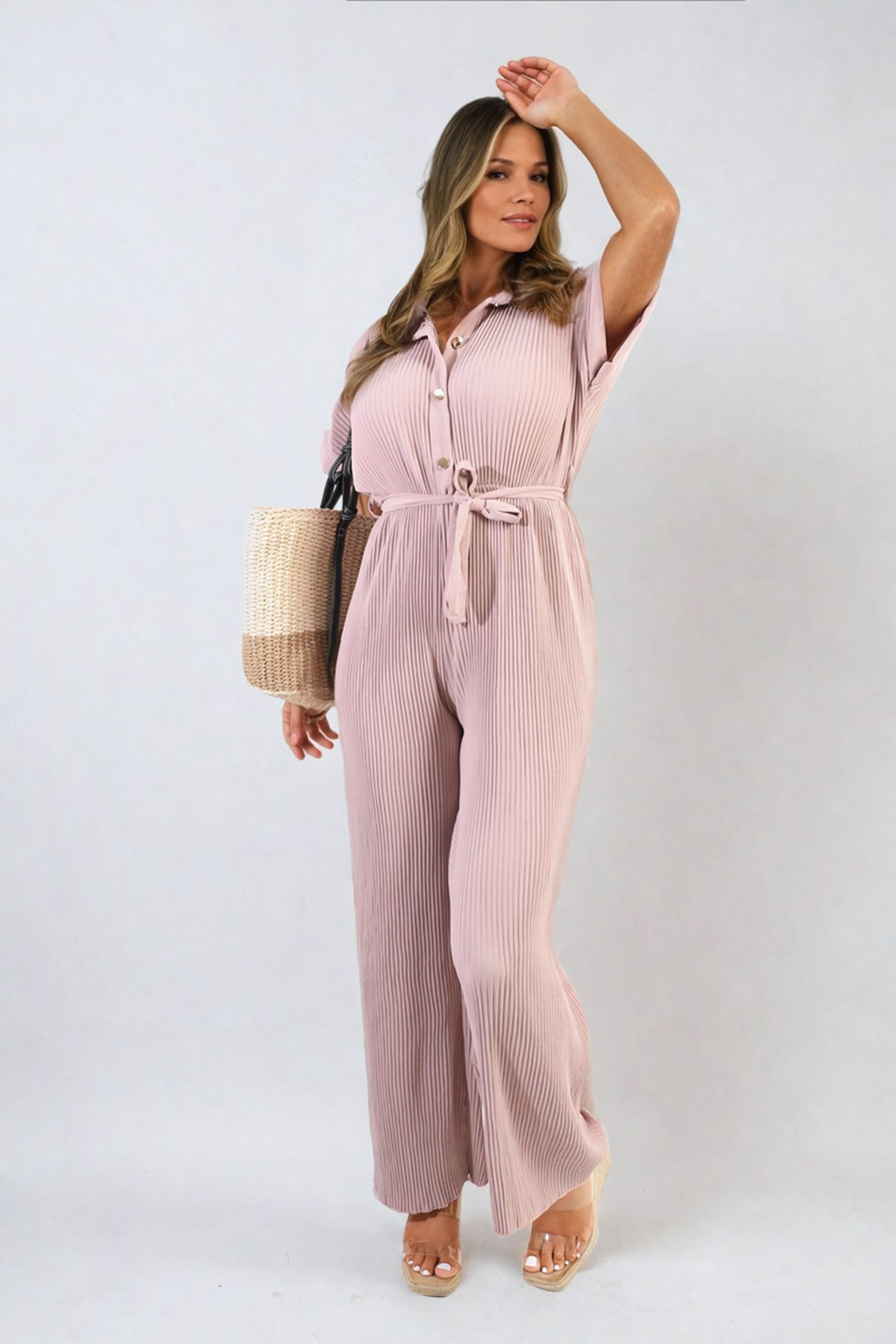 Marina Tie Waist Short Sleeve Pleated Jumpsuit - Rose Pink
