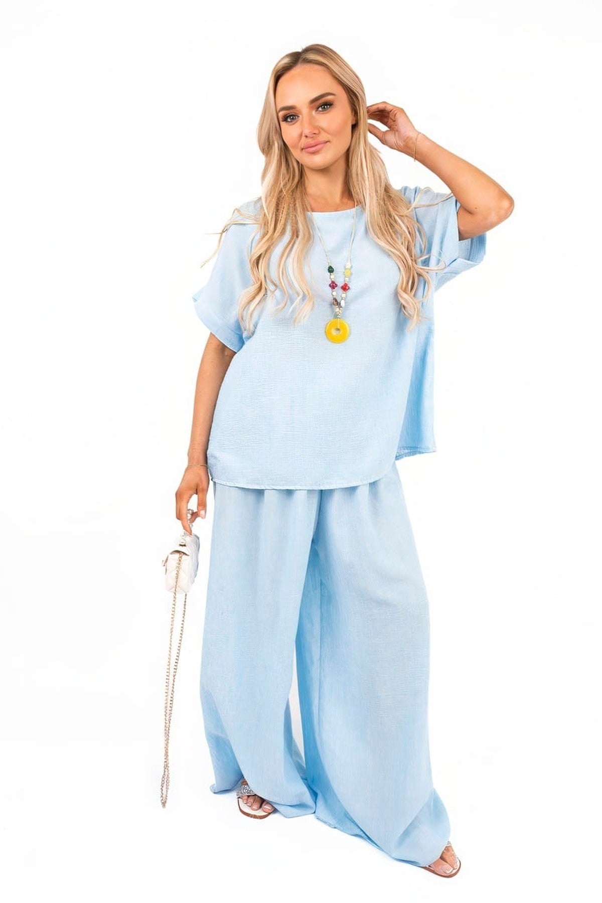 Marinne Loose Fit Short Sleeve Top And Wide Trousers Co-ord Set - Sky Blue