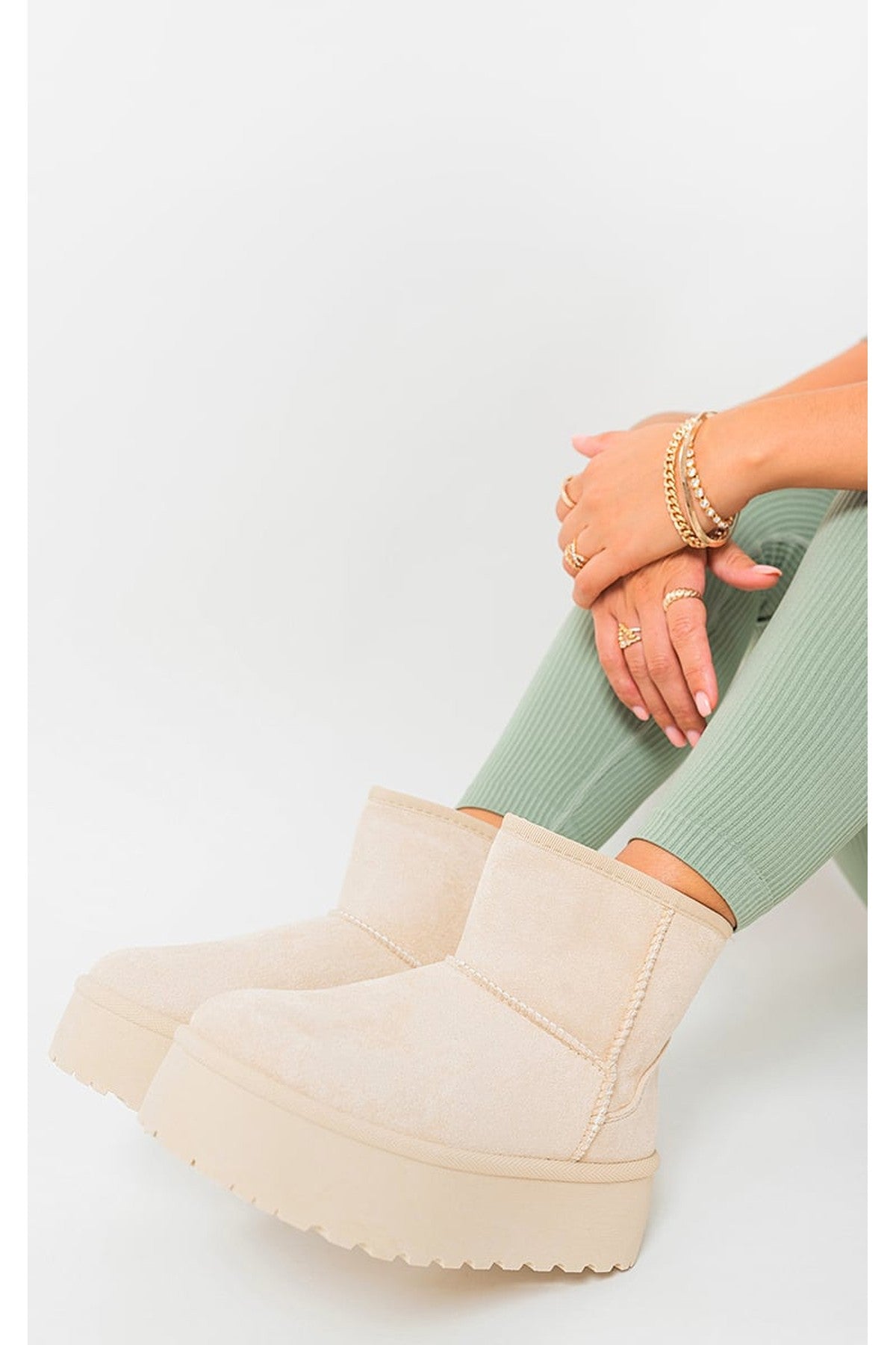 Martha Thick Heel Platform Boots - Beige