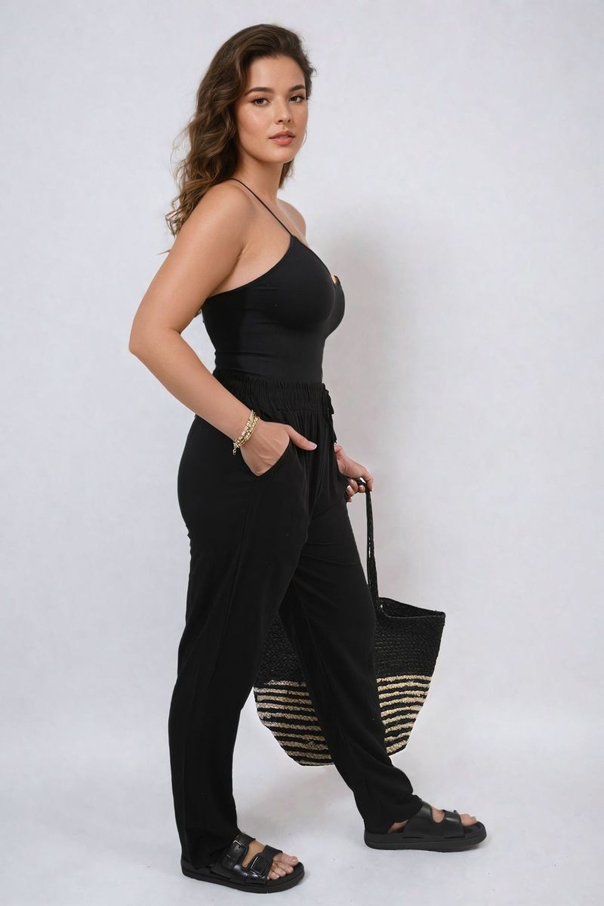Matilda Drawstring High Waist Trouser With Side Pockets - Black