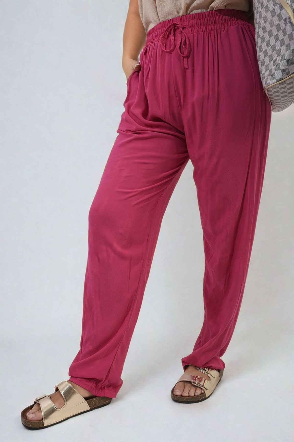 Matilda Drawstring High Waist Trouser With Side Pockets - Fuschia