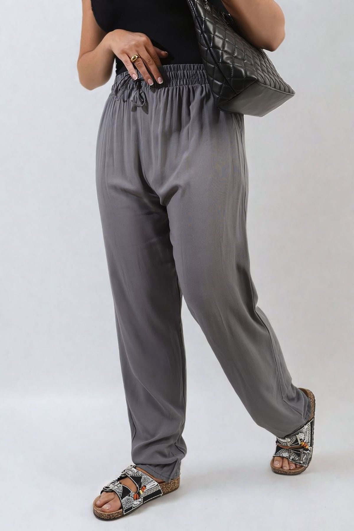 Matilda Drawstring High Waist Trouser With Side Pockets - Grey