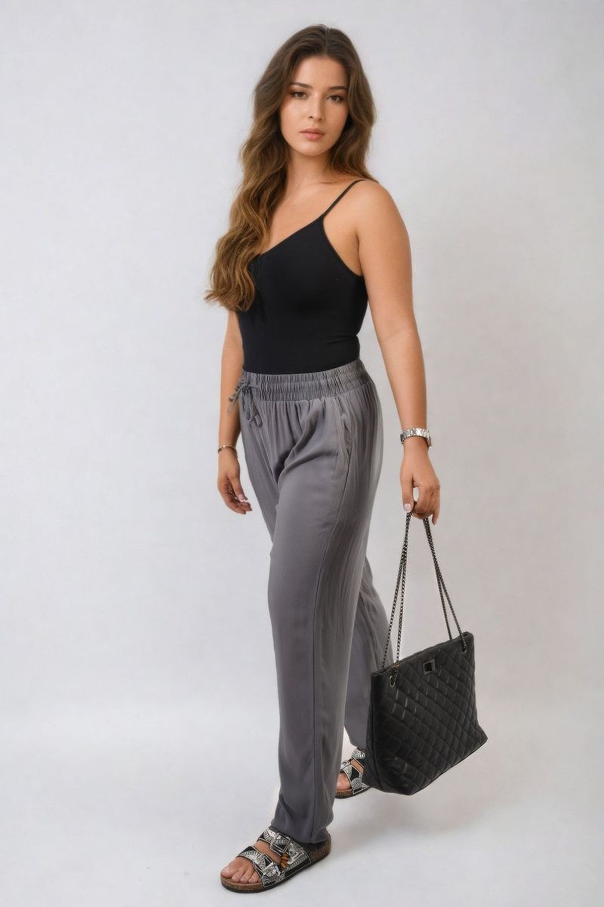 Matilda Drawstring High Waist Trouser With Side Pockets - Grey