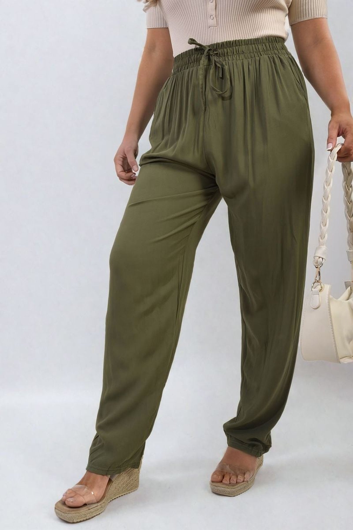 Matilda Drawstring High Waist Trouser With Side Pockets - Khaki
