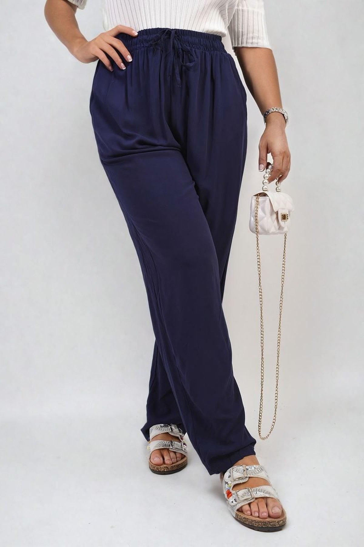 Matilda Drawstring High Waist Trouser With Side Pockets - Navy