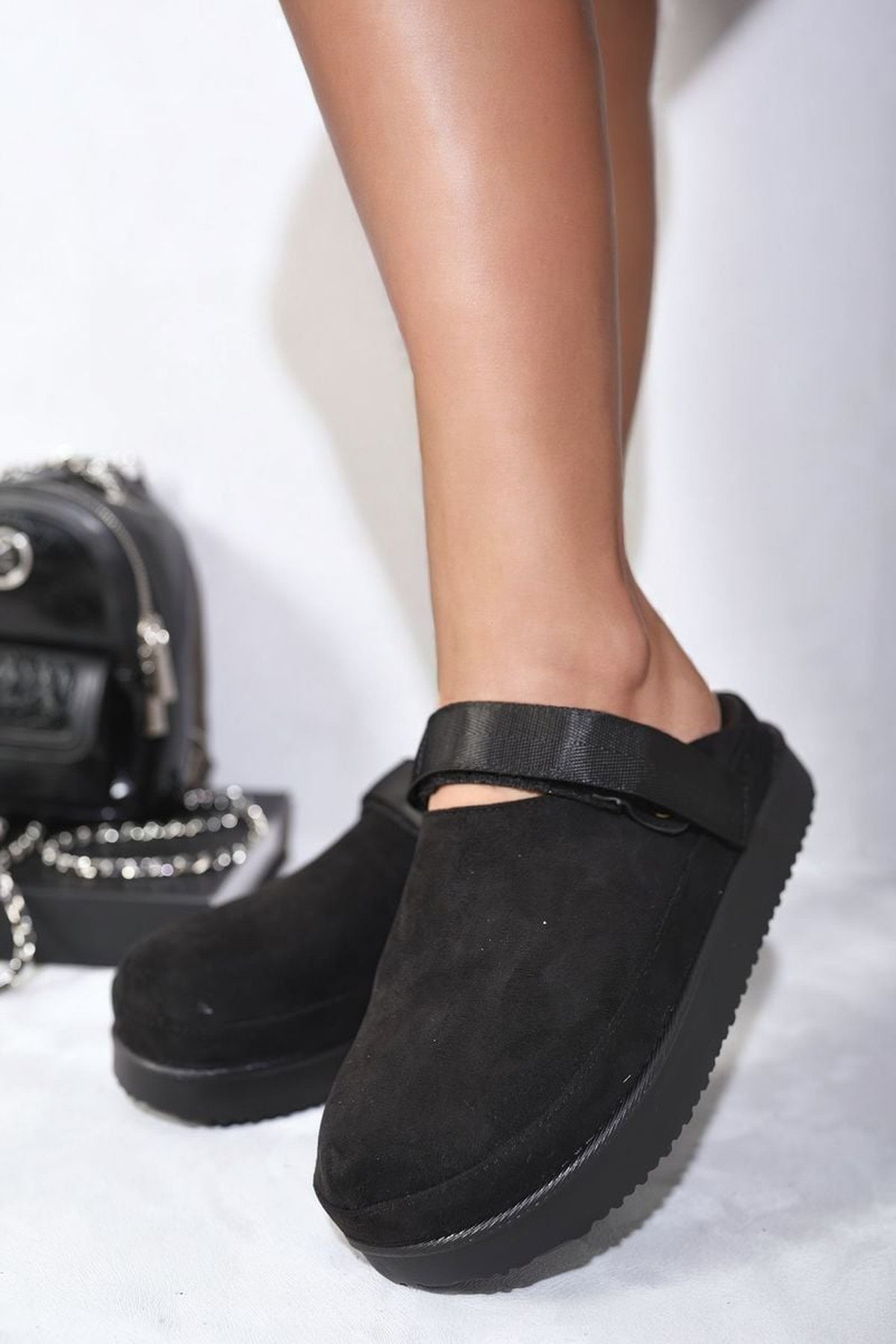 Melanie Adjustable Strap Slip-on Platform Clogs - Black