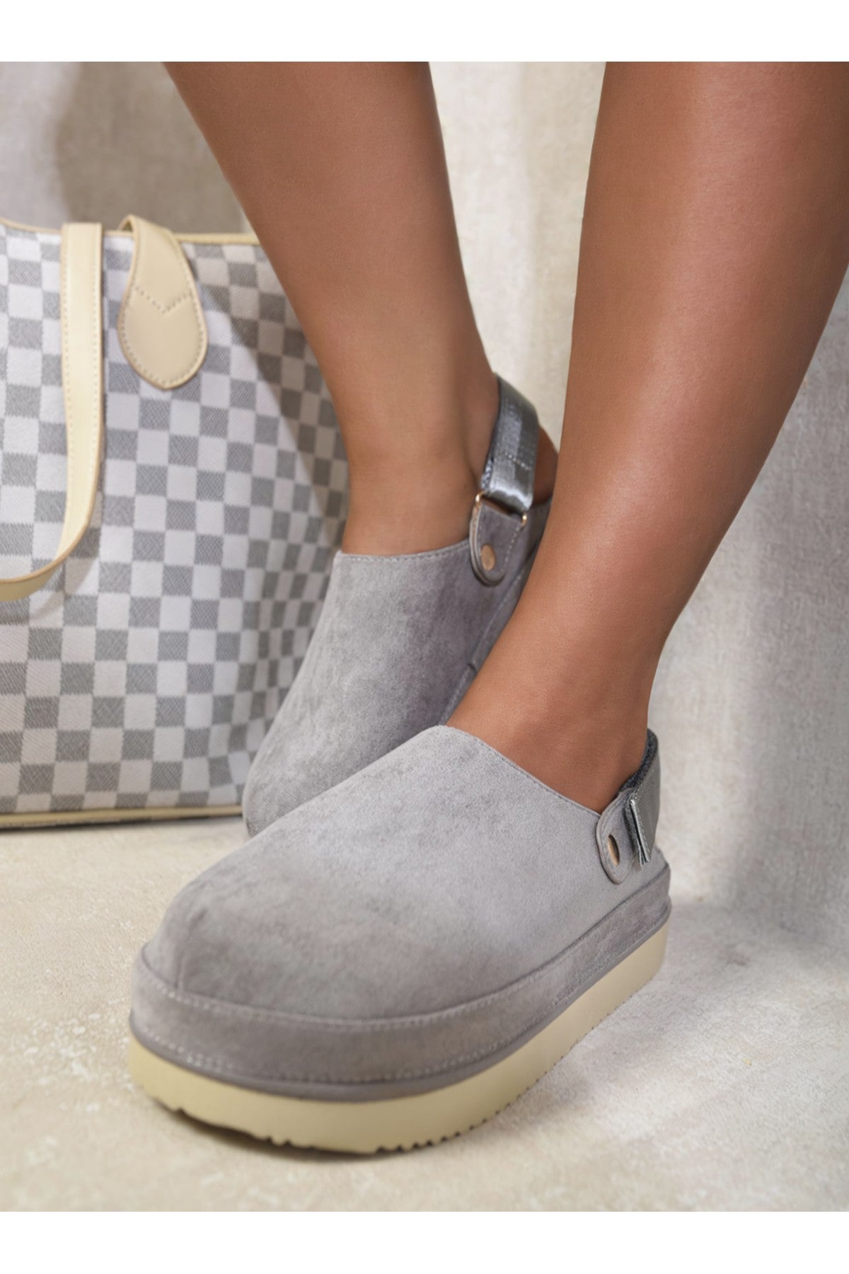 Melanie Adjustable Strap Slip-on Platform Clogs - Grey