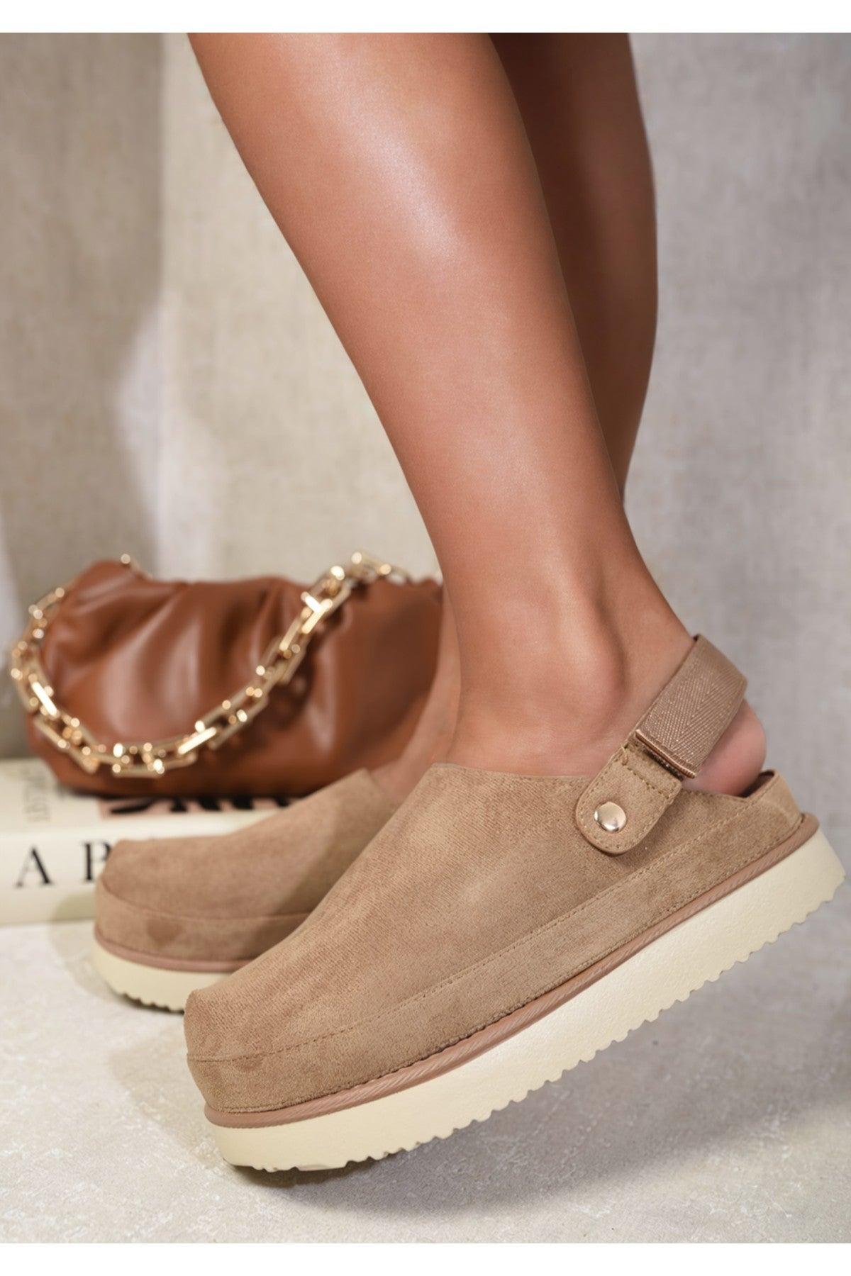 Melanie Adjustable Strap Slip-on Platform Clogs - Tan
