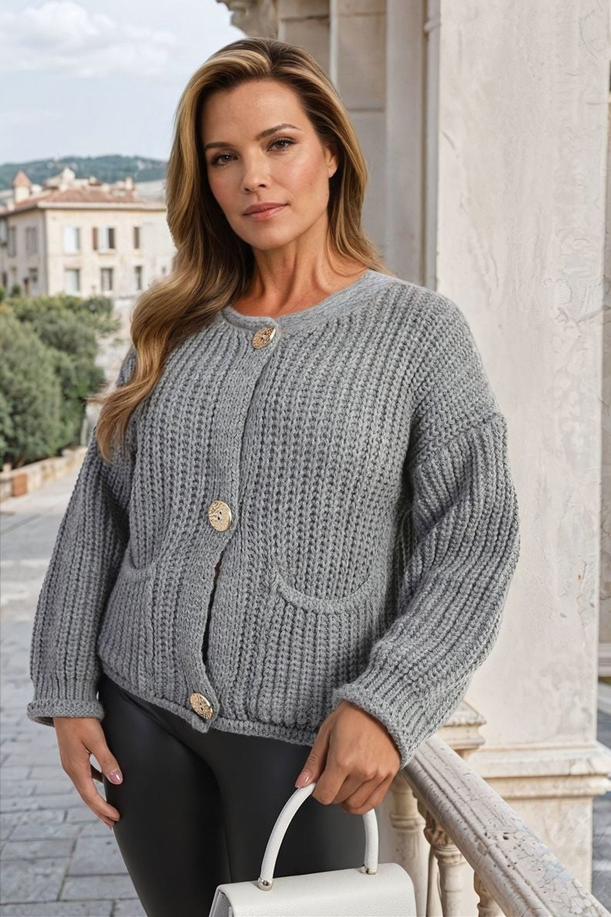 Melissa Chunky Cable Button Knit Cardigan - Grey