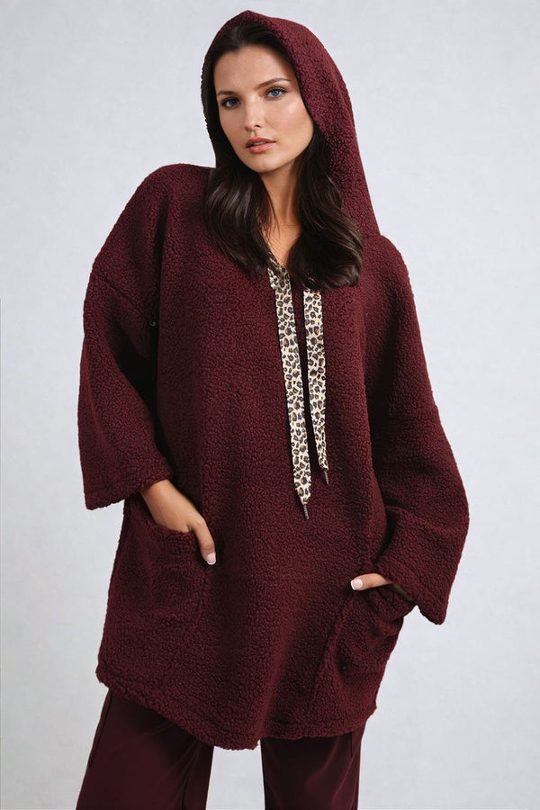 Melissa Drawstring Teddie Hoodie Jacket With Front Pockets - Wine