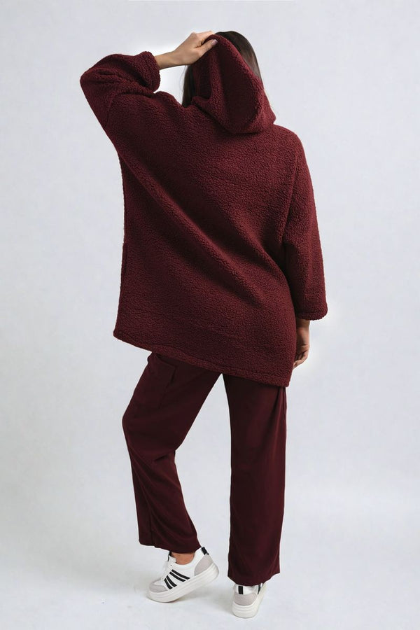 Melissa Drawstring Teddie Hoodie Jacket With Front Pockets - Wine