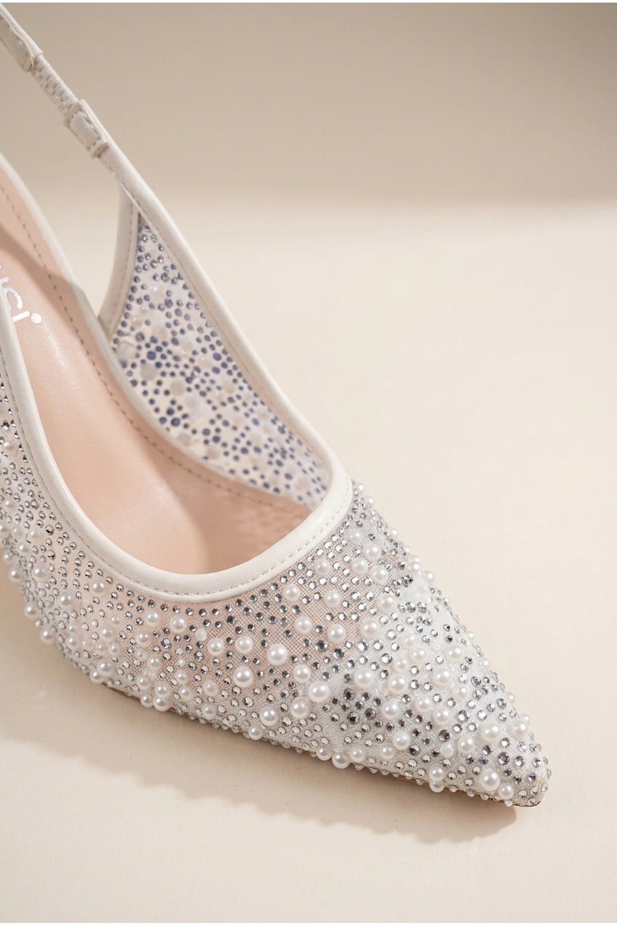 Saoirse Embellished Mesh Pointed Toe Heels - White