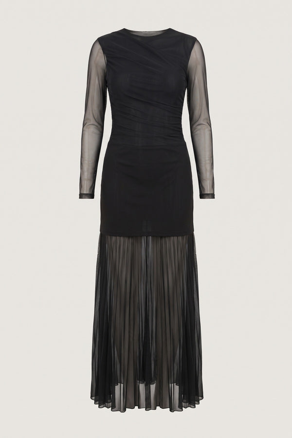 Maelys Mesh Long Sleeve Ruched Longline Top - Black