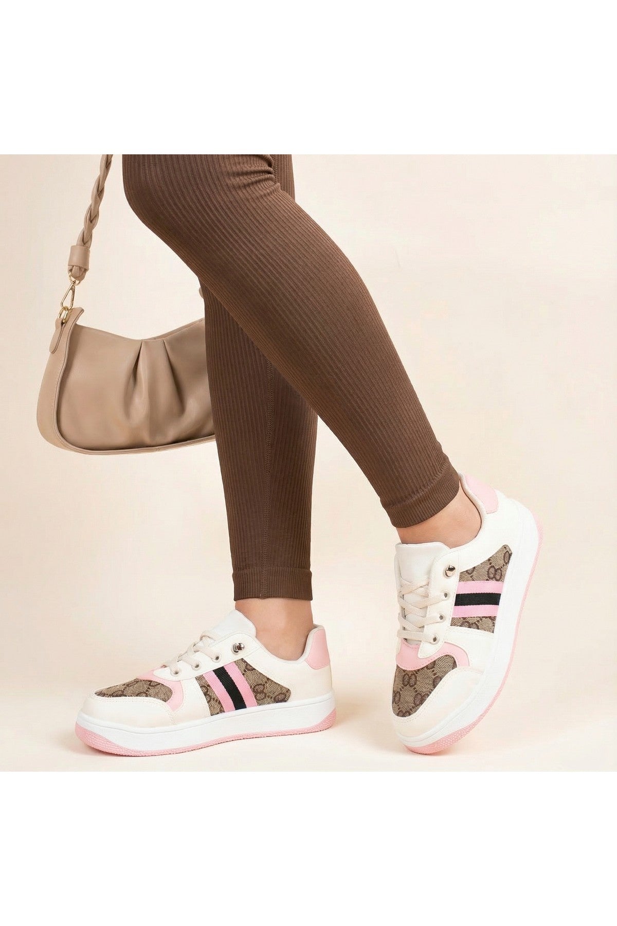Mila Monogram Print Platform Trainers - Pink