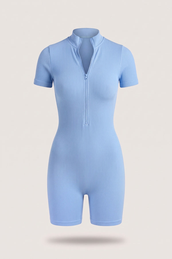 Milena Rib Knit Zip Front Short Sleeve Playsuit - Sky Blue