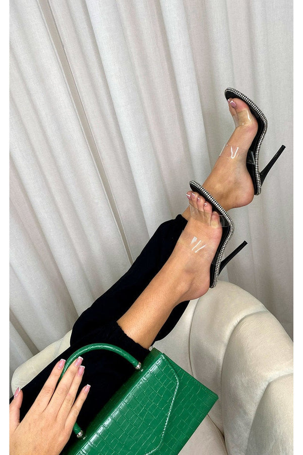 Miley Studded Stiletto Heels With Clear Strap - Black
