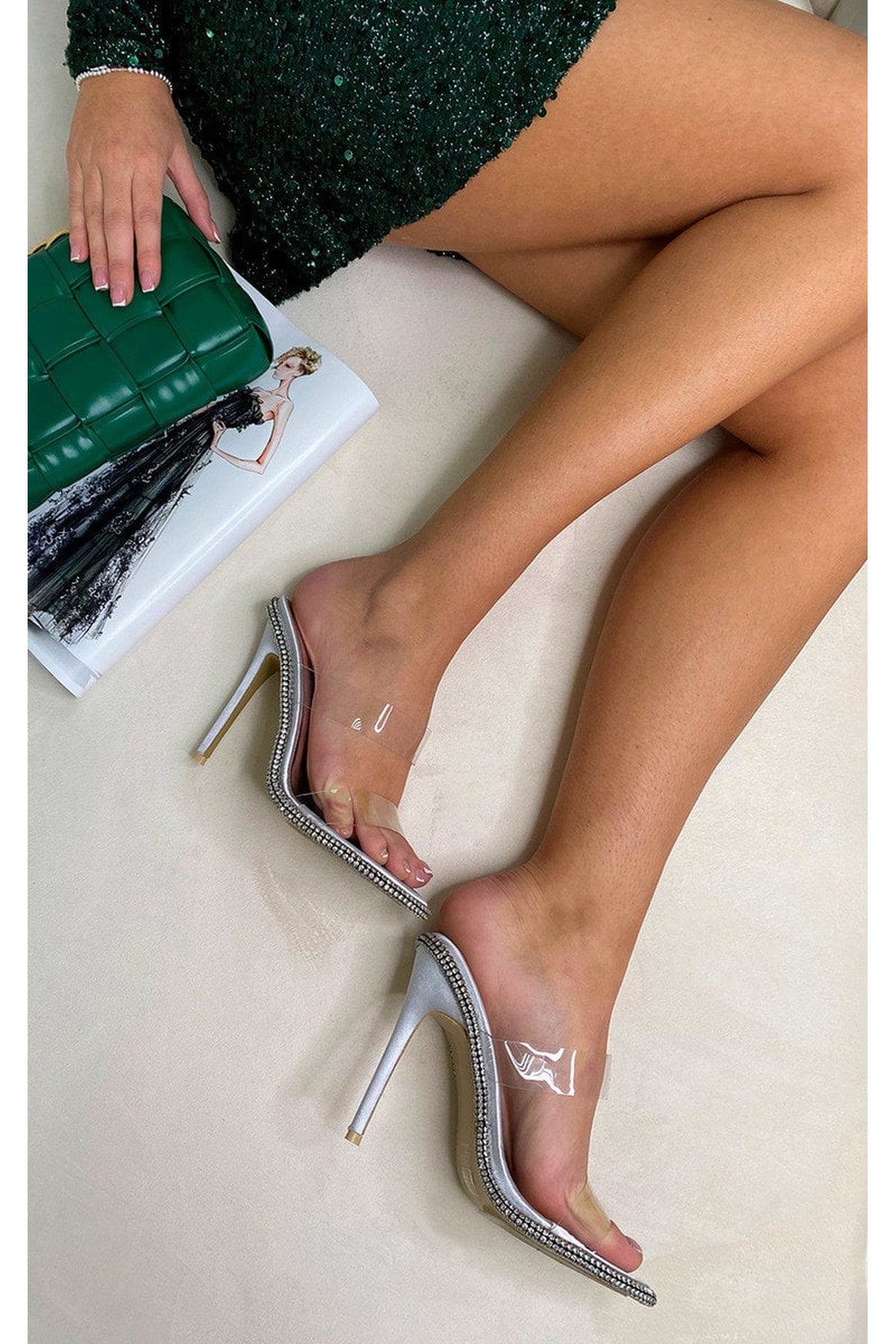 Miley Studded Stiletto Heels With Clear Strap - Silver