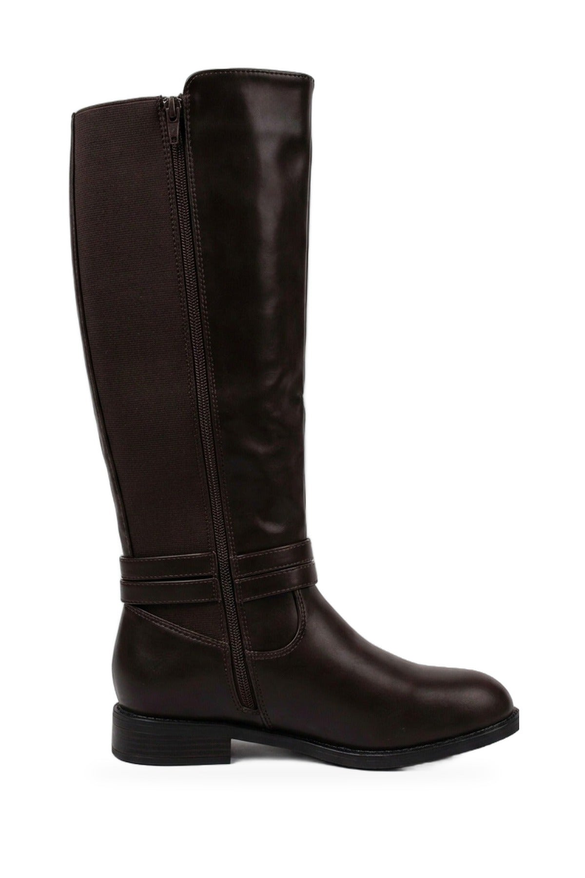 Mirabel Faux Leather Buckle Strap Knee High - Brown