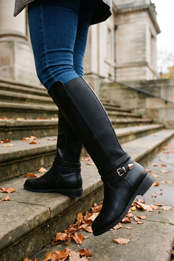 Mirabel Faux Leather Buckle Strap Knee High Riding Boots - Black