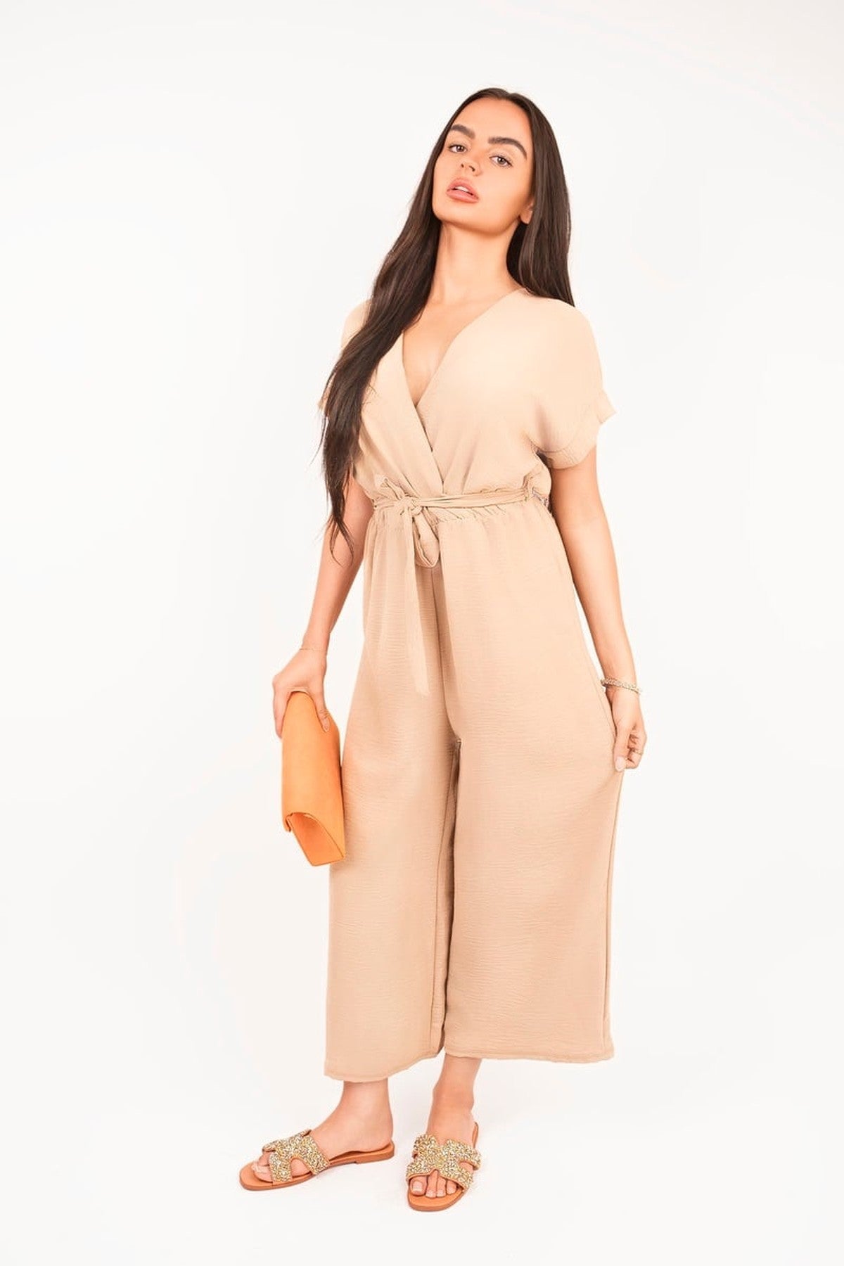 Nerina Wrap Short Sleeve Wide Leg Jumpsuit With Tie Waist - Mocha
