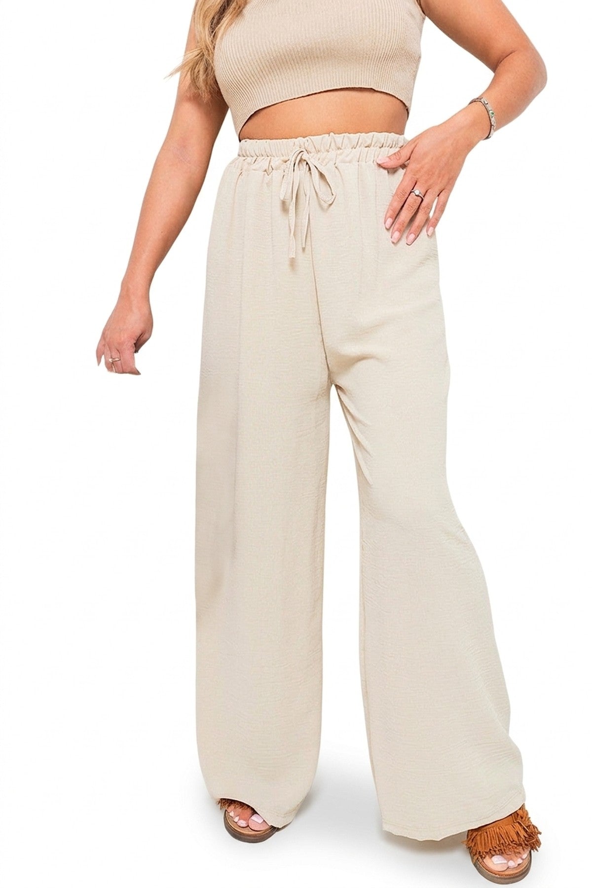 Mollie Drawstring Gathered Waist Wide Leg Trouser - Beige_wb