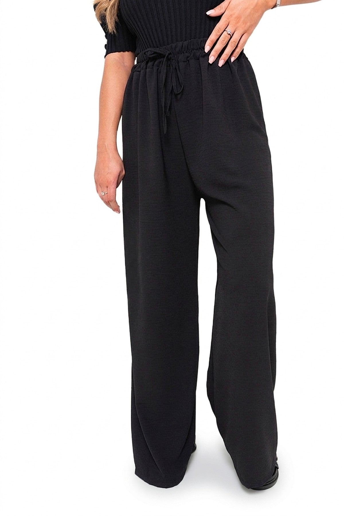 Mollie Drawstring Gathered Waist Wide Leg Trouser - Black_wb