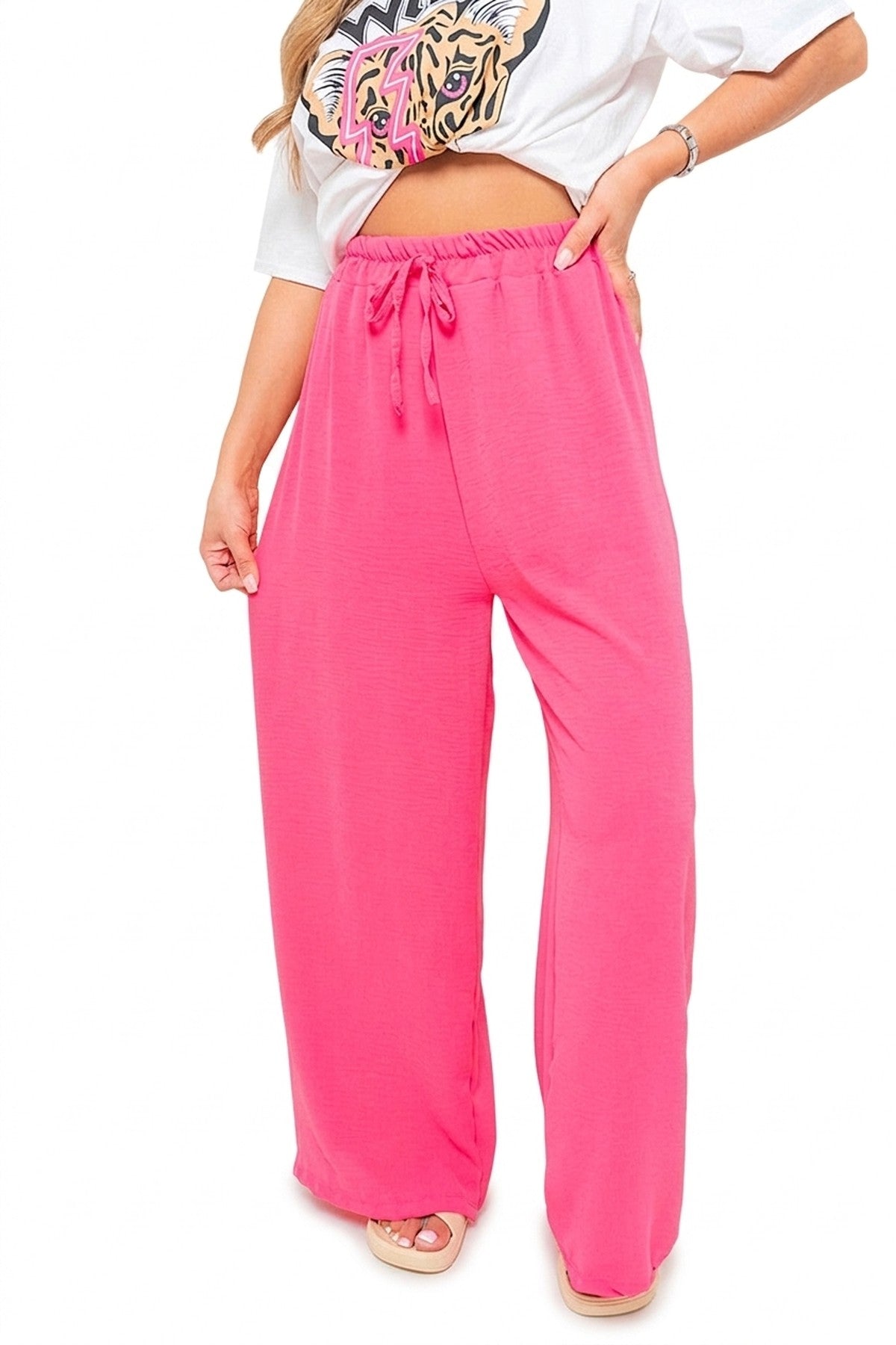 Mollie Drawstring Gathered Waist Wide Leg Trouser - Fuschia_wb