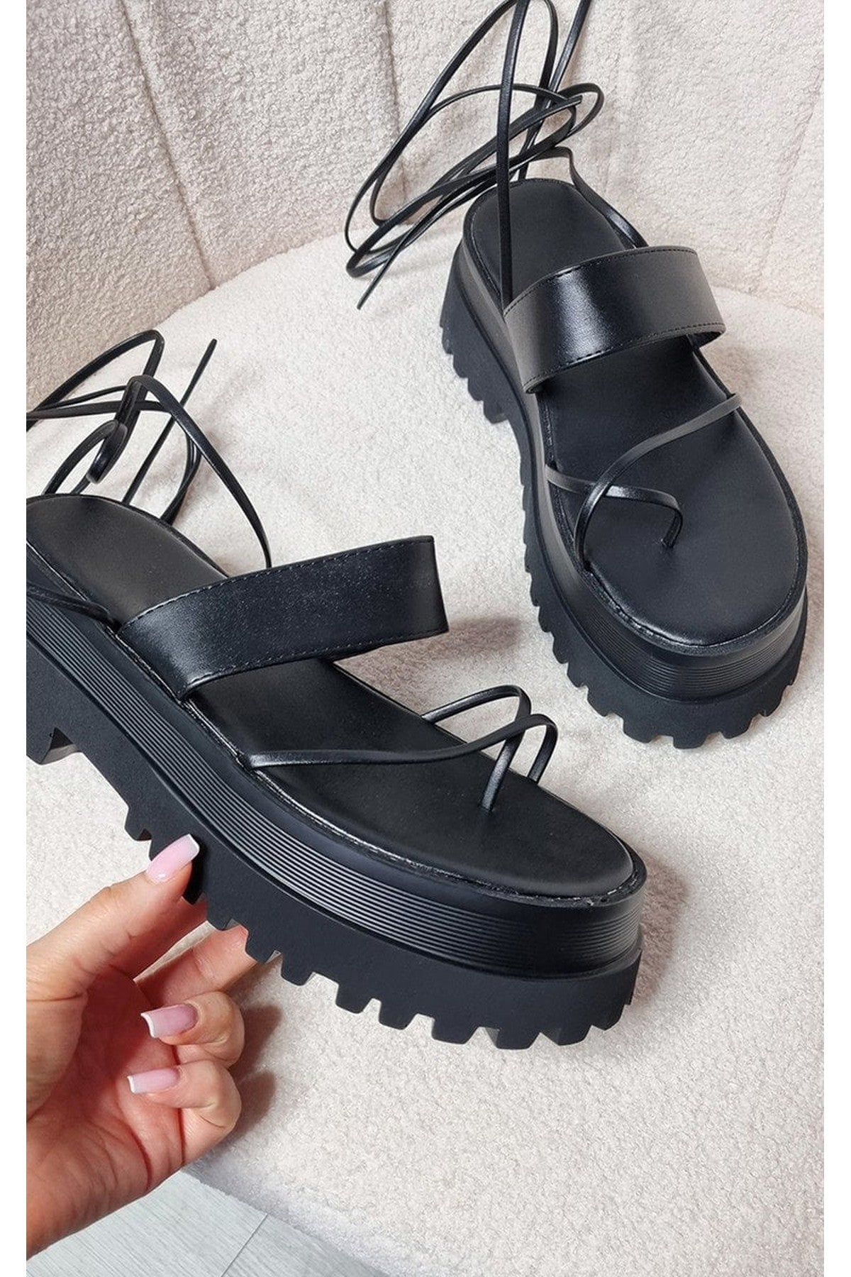 Morgan Faux Leather Strappy Lace Up Sandals - Black