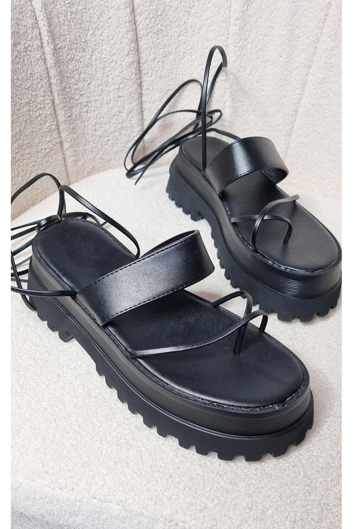 Morgan Faux Leather Strappy Lace Up Sandals - Black