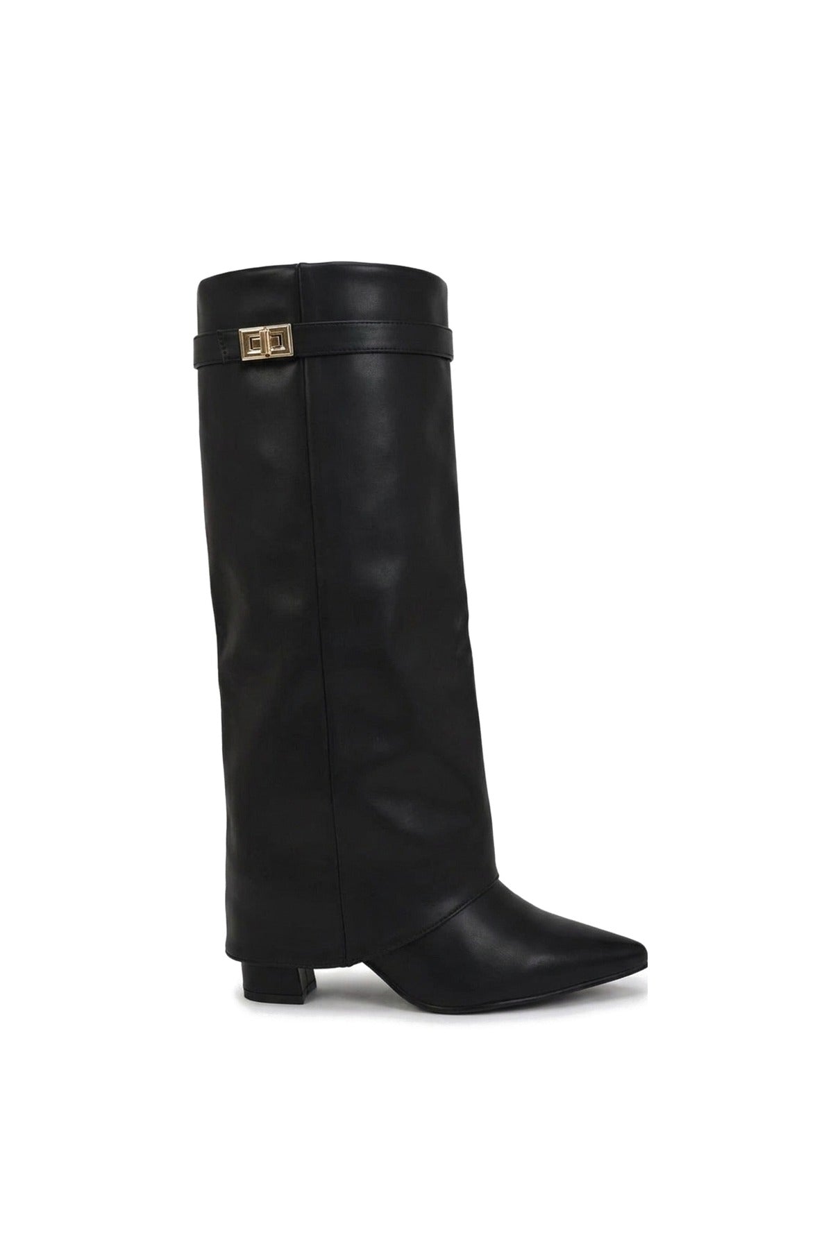 Myla Skirted Fold Over Buckle Pointed Toe High Boots - Black