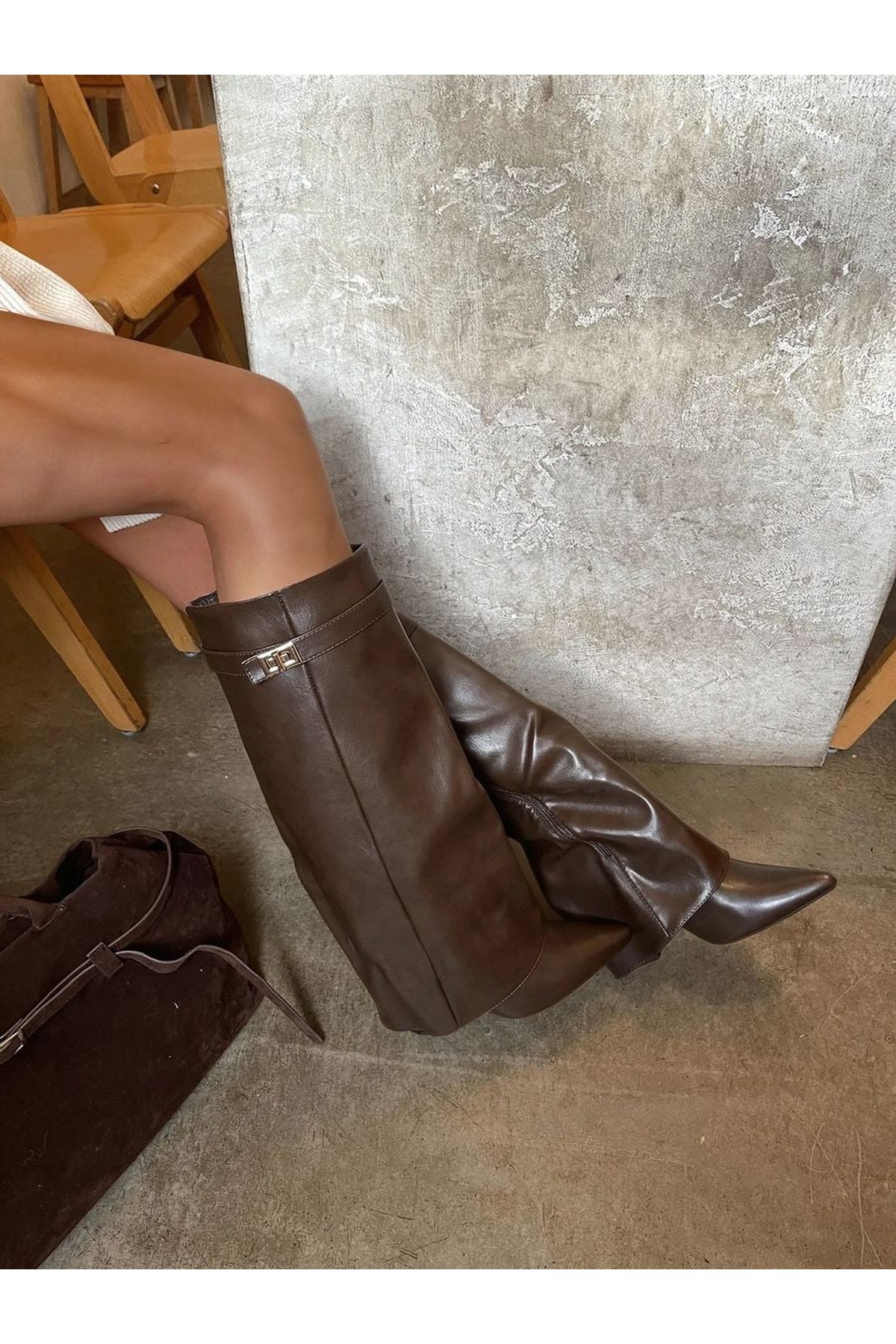 Myla Skirted Fold Over Buckle Pointed Toe High Boots - Brown