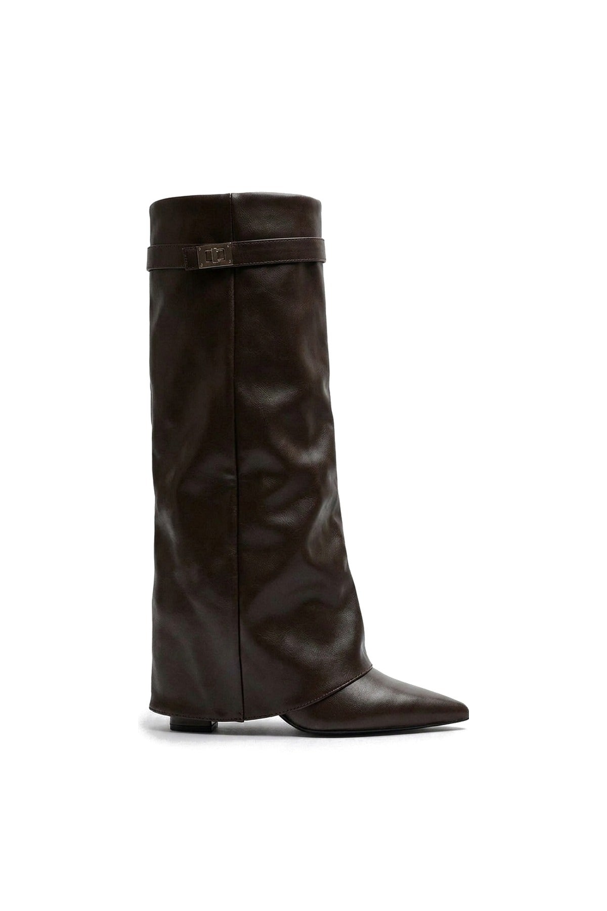 Myla Skirted Fold Over Buckle Pointed Toe High Boots - Brown