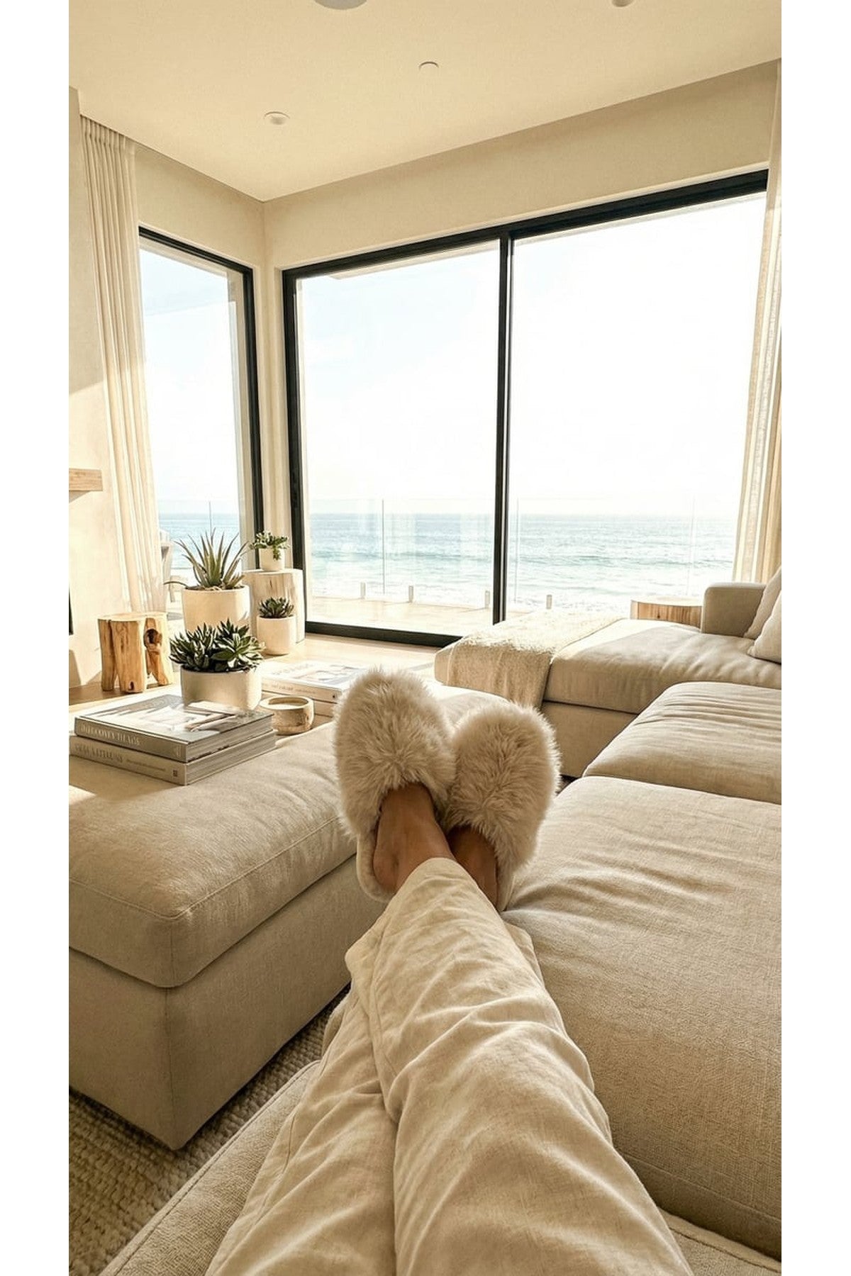 Nadia Fluffy Faux Fur Slippers - Beige