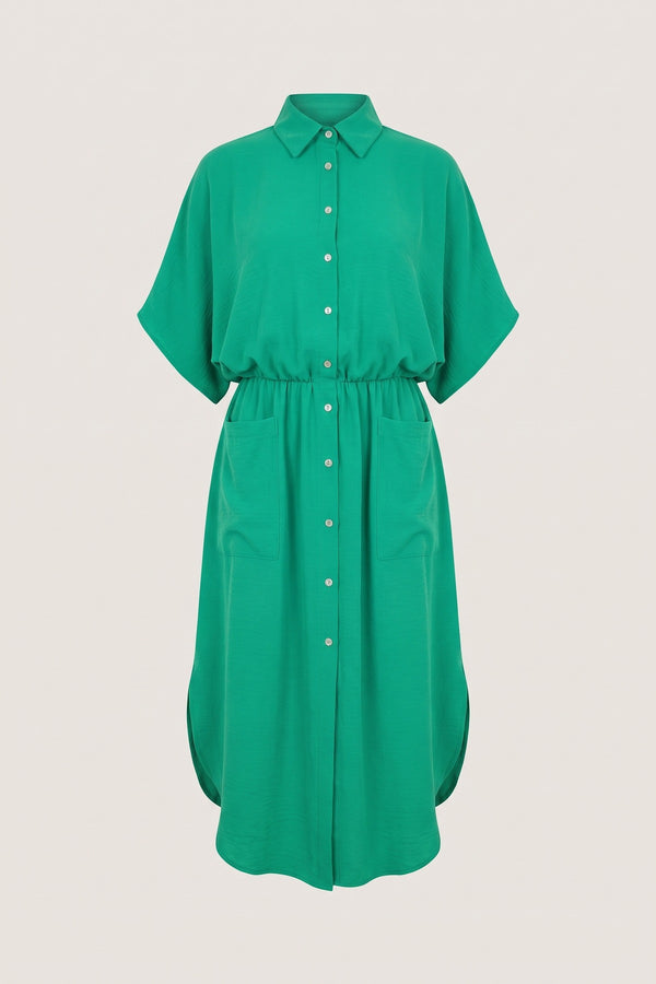 Nancy Button Down Collared Midi Dress With Two Front Pockets - Green