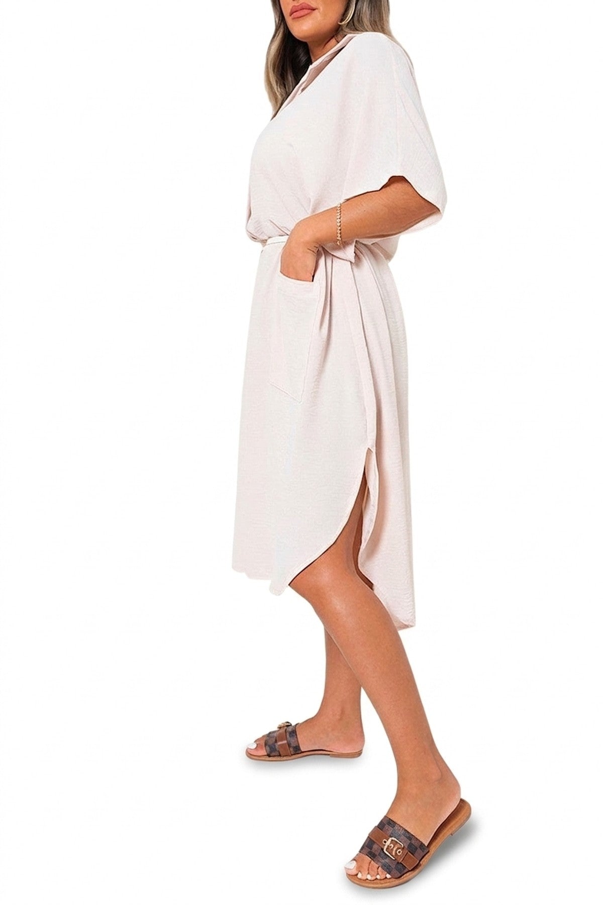 Nancy Button Down Collared Midi Dress With Two Front Pockets - Beige_wb
