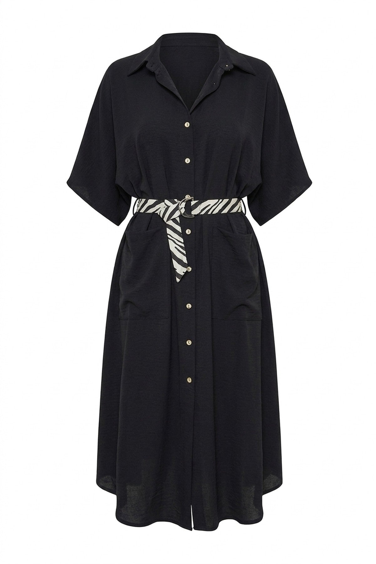 Nancy Button Down Collared Midi Dress With Two Front Pockets - Black_wb