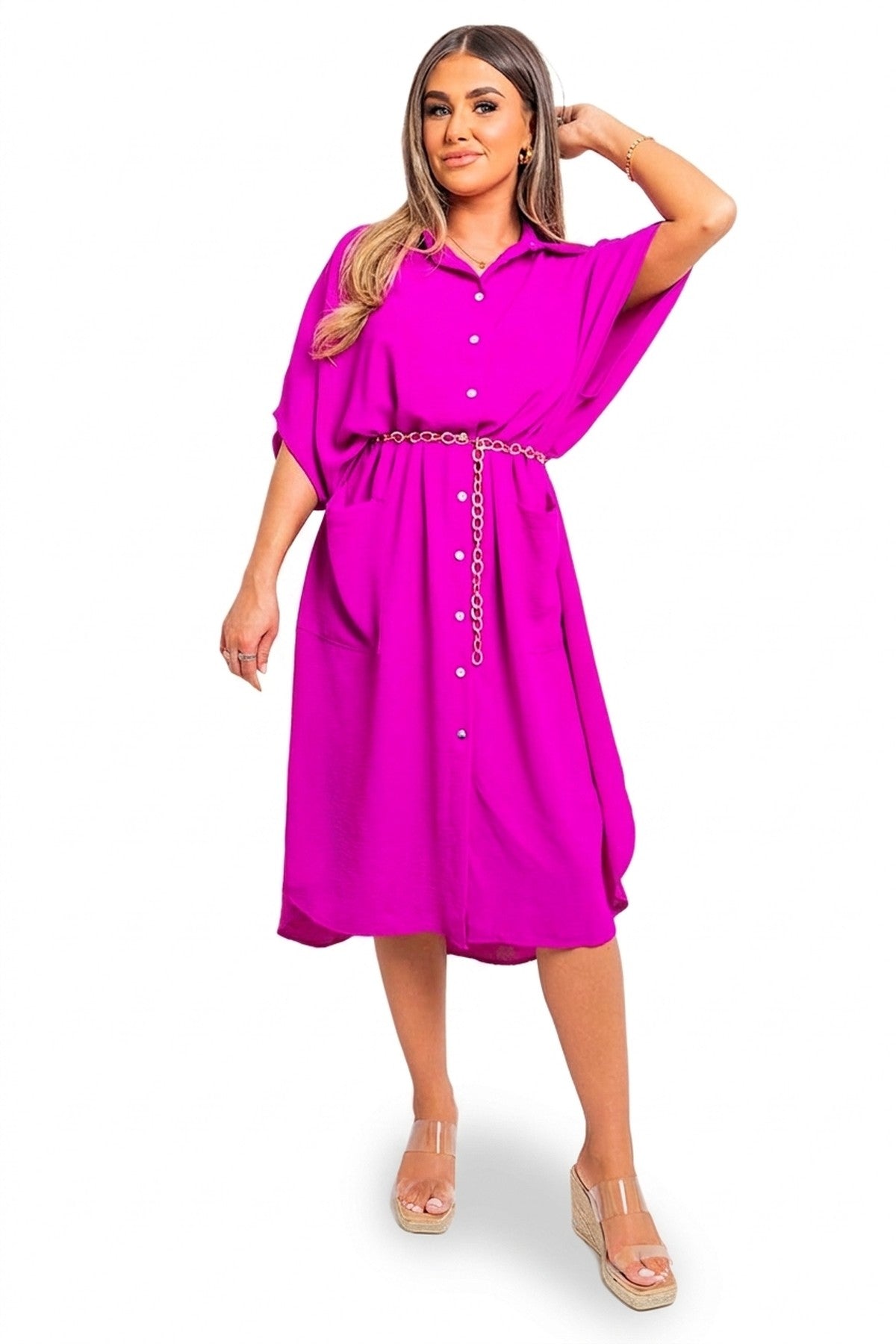 Nancy Button Down Collared Midi Dress With Two Front Pockets - MAGENTA_wb