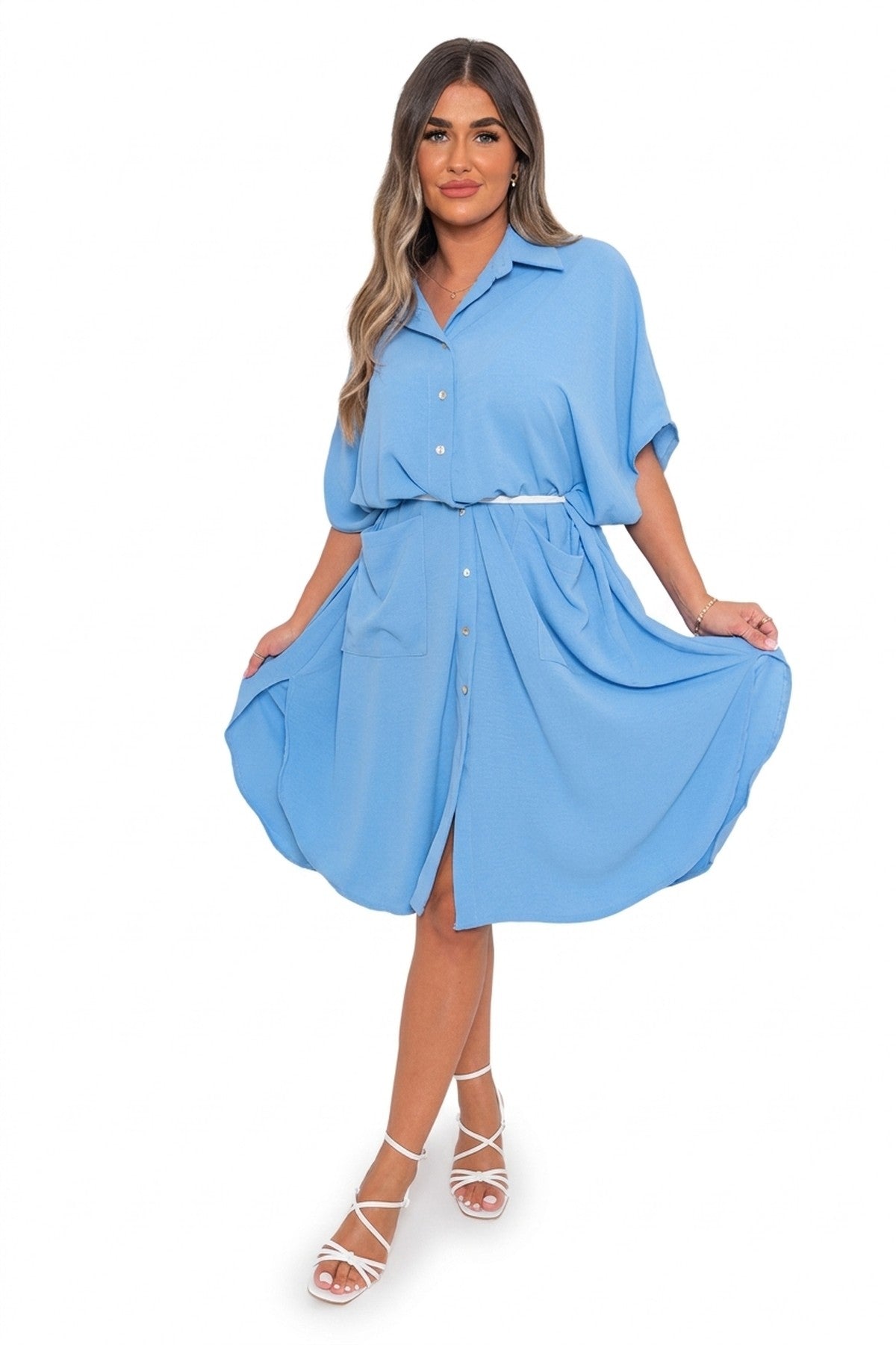 Nancy Button Down Collared Midi Dress With Two Front Pockets - Sky Blue_wb