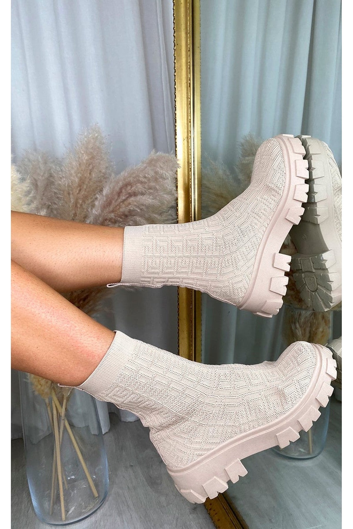 Nancy Chunky Sock Boots - Beige