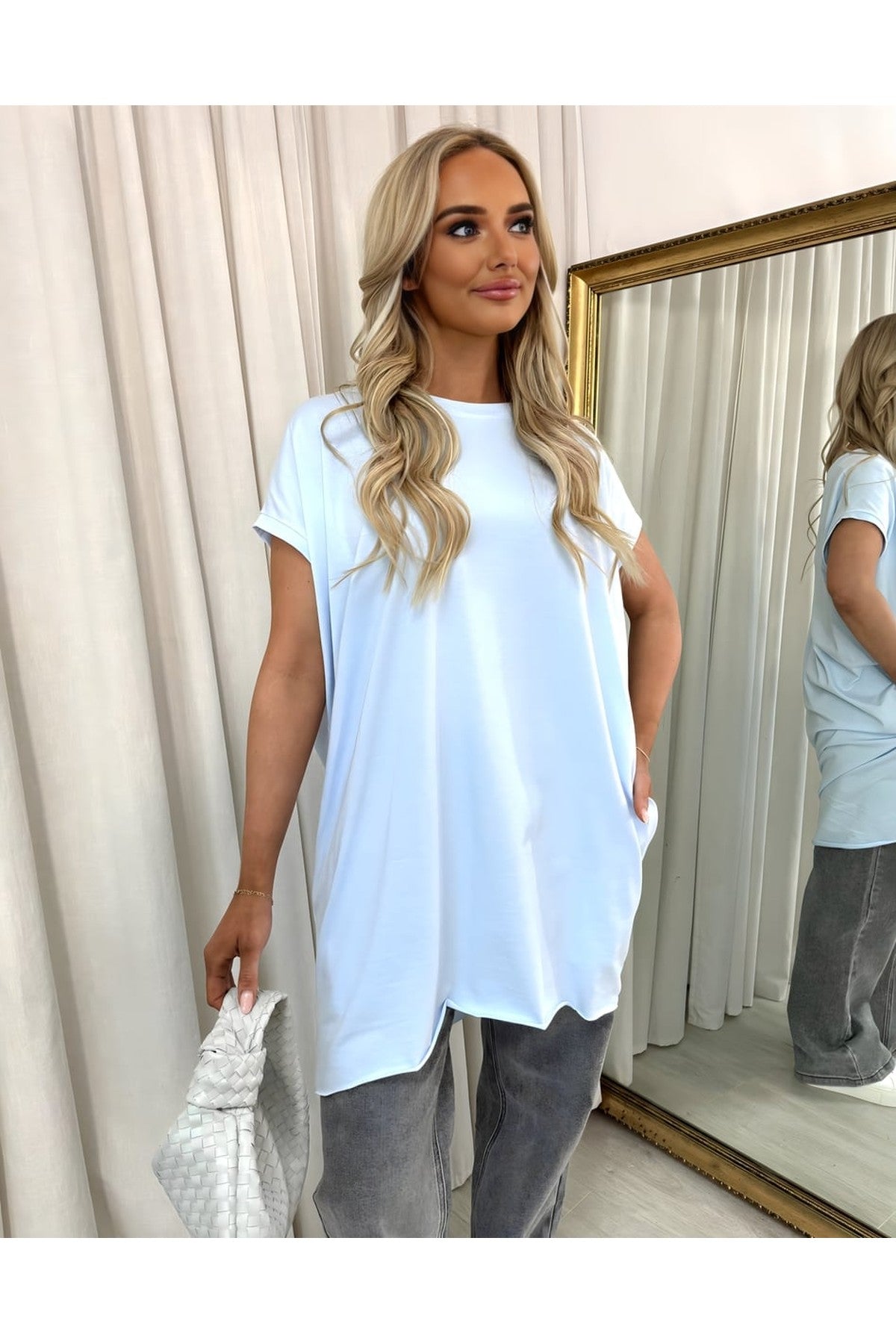 Naomi Round Neck With Side Pockets Oversized Top - Blue