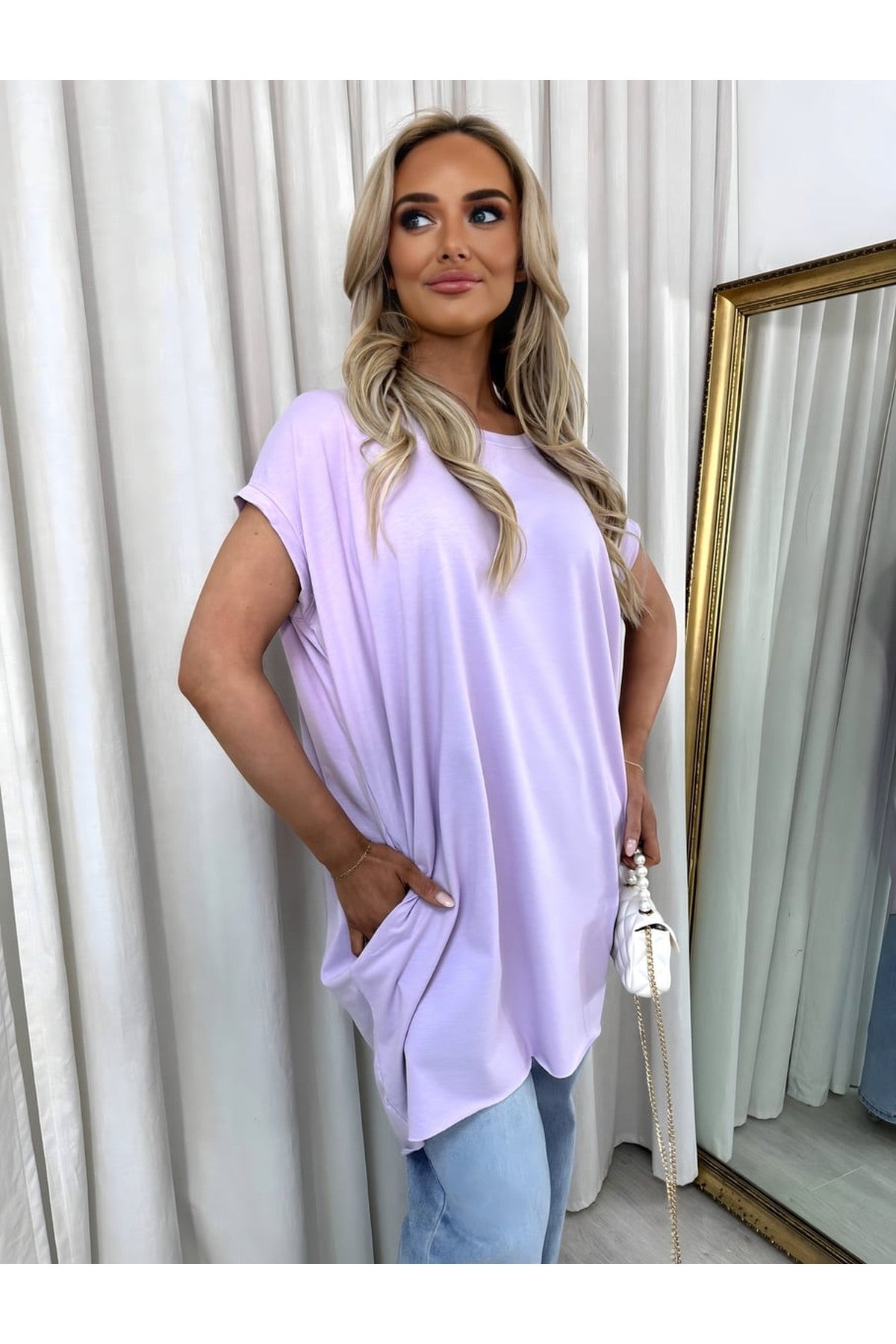 Naomi Round Neck With Side Pockets Oversized Top - Lilac