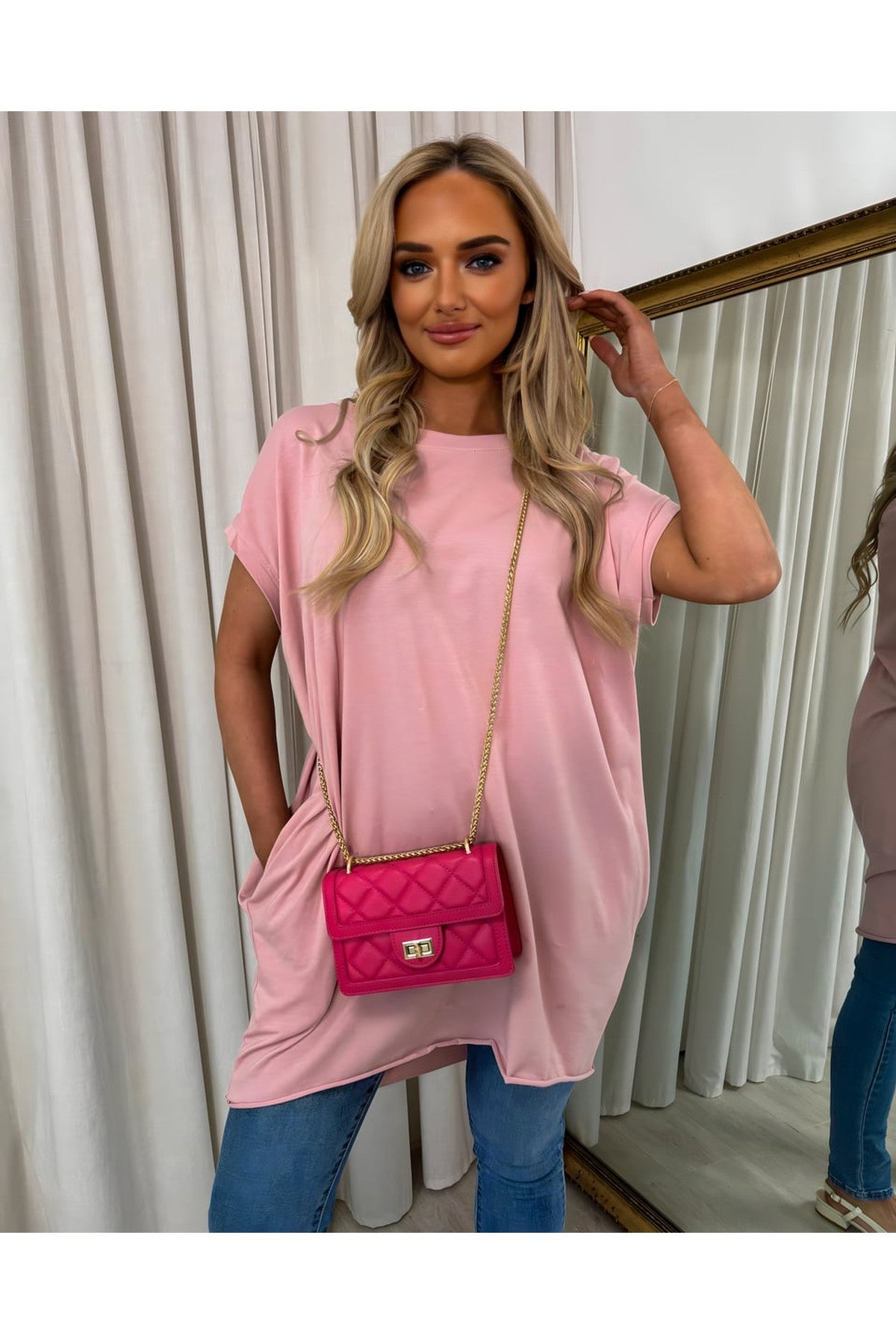 Naomi Round Neck With Side Pockets Oversized Top - Pink