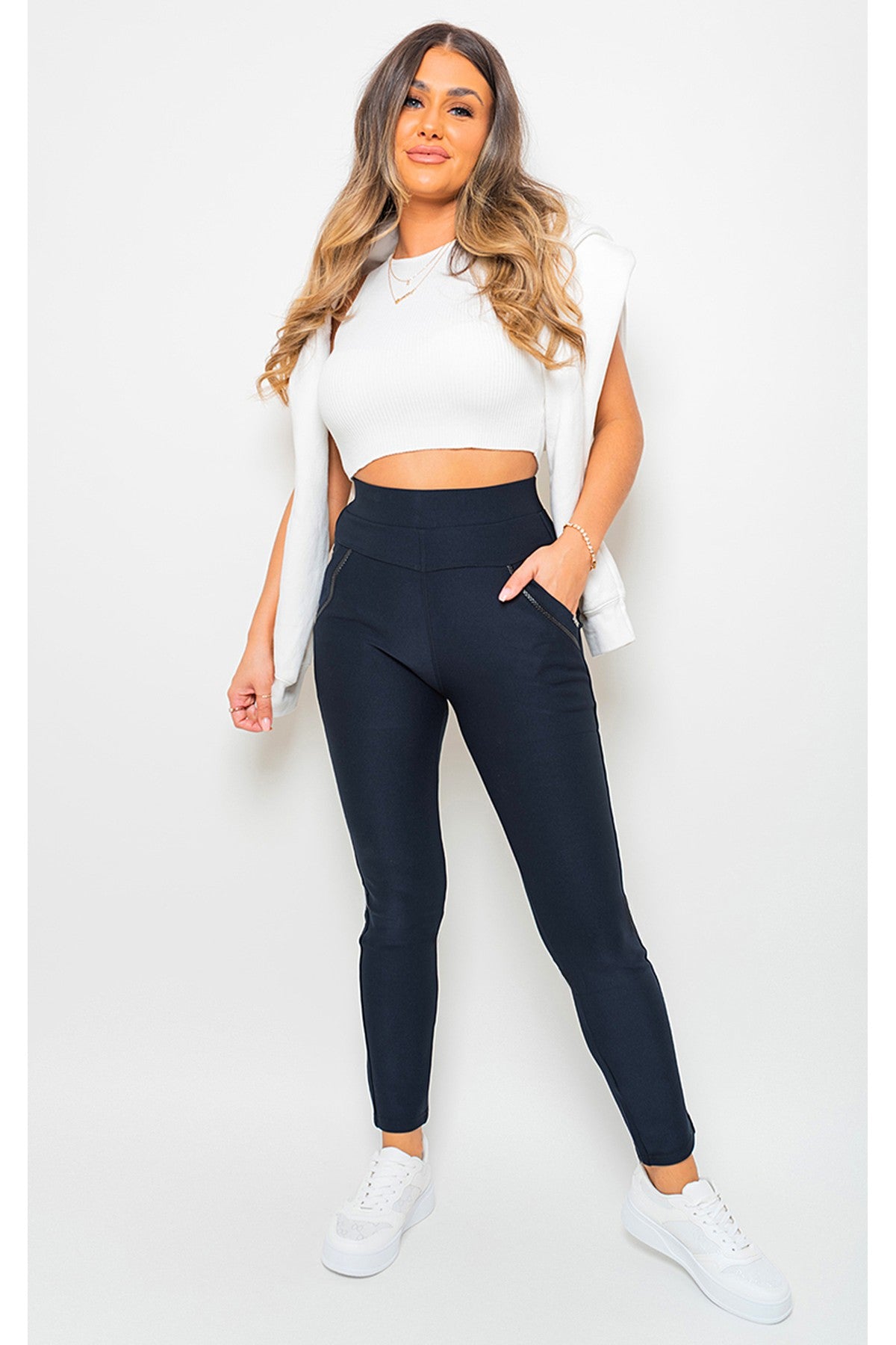 Carmela High Waist Double Band Pocket Leggings - Navy