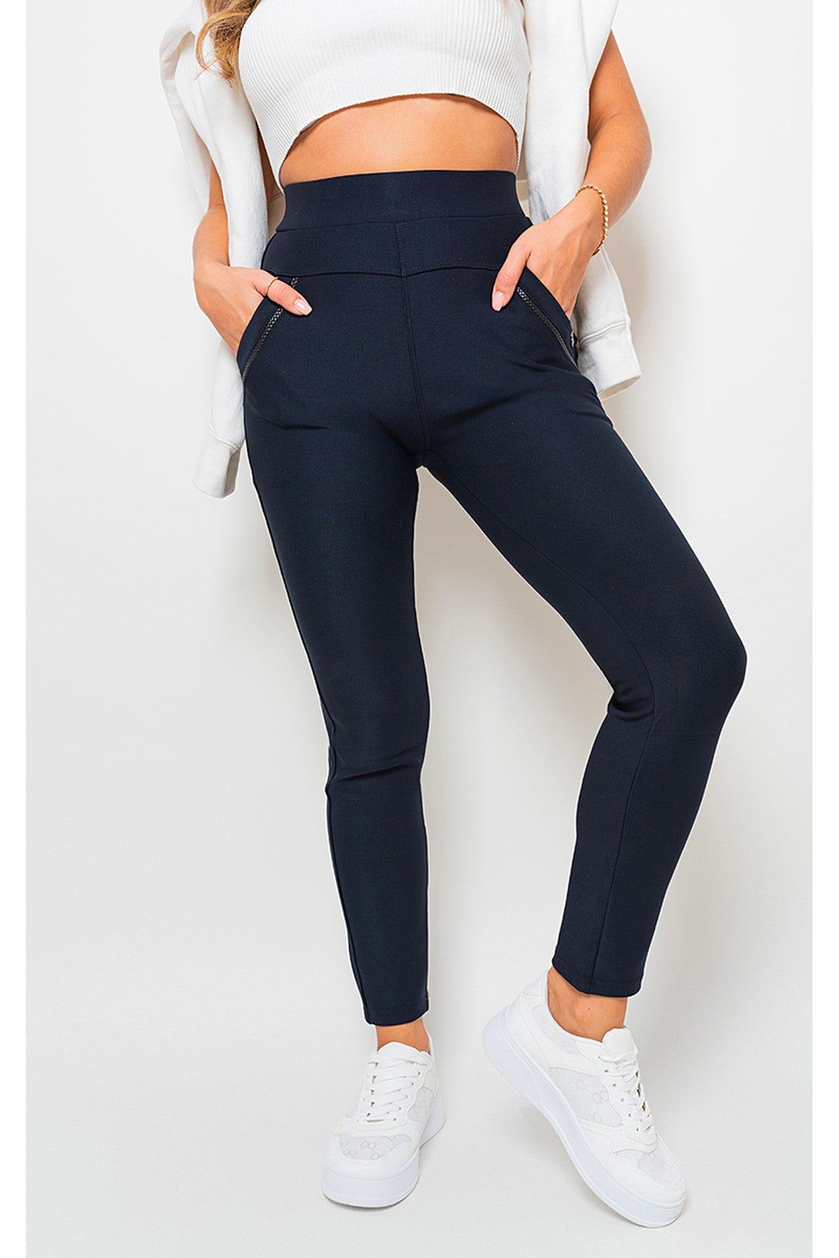 Carmela High Waist Double Band Pocket Leggings - Navy