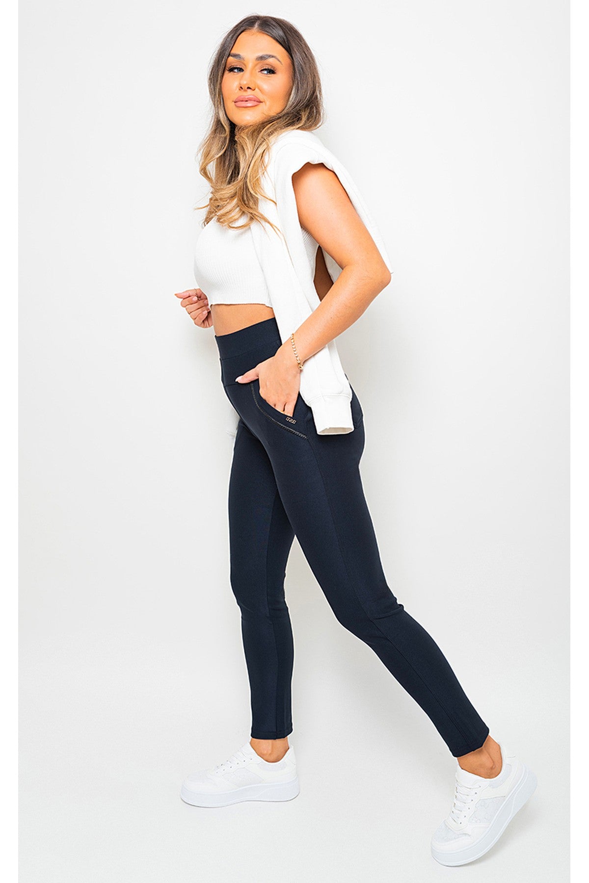 Carmela High Waist Double Band Pocket Leggings - Navy