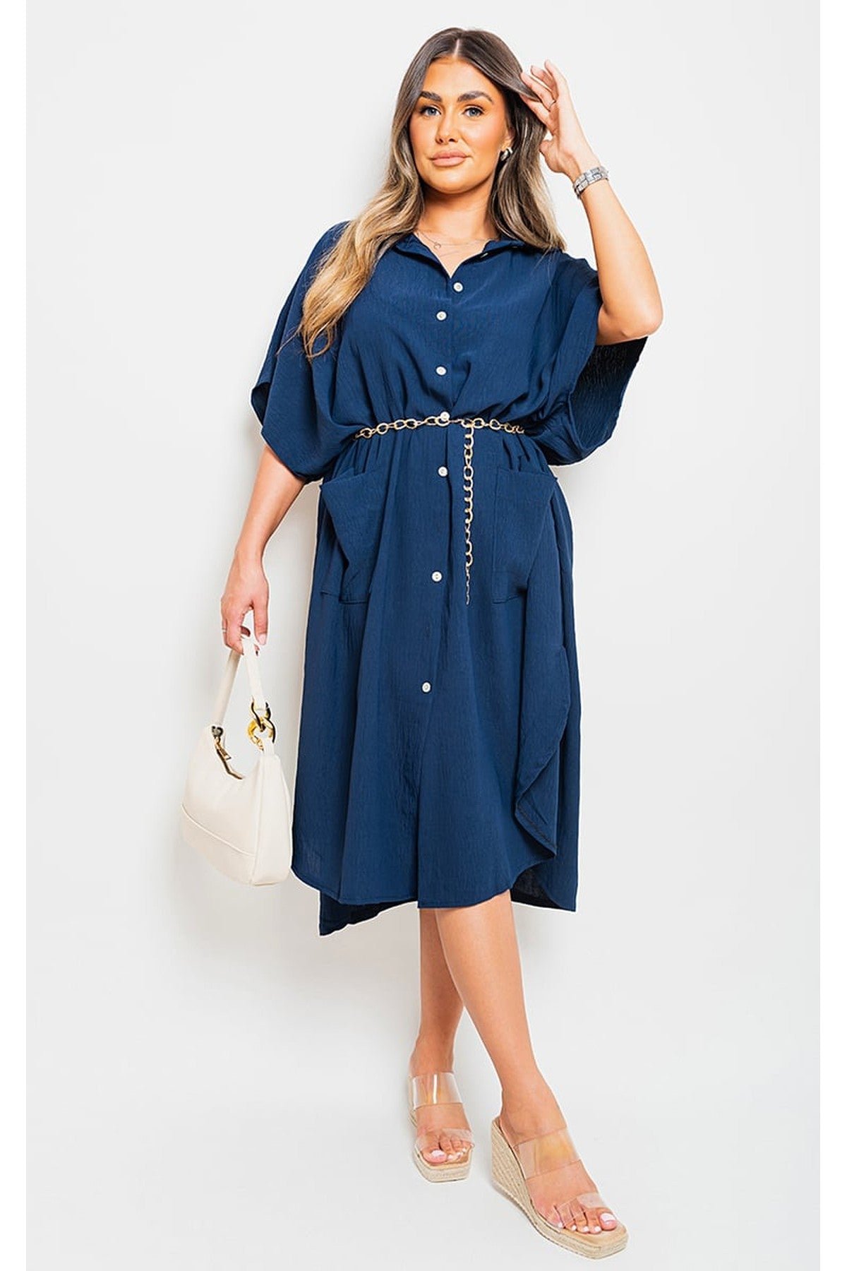 Nancy Button Down Collared Midi Dress With Two Front Pockets - Navy